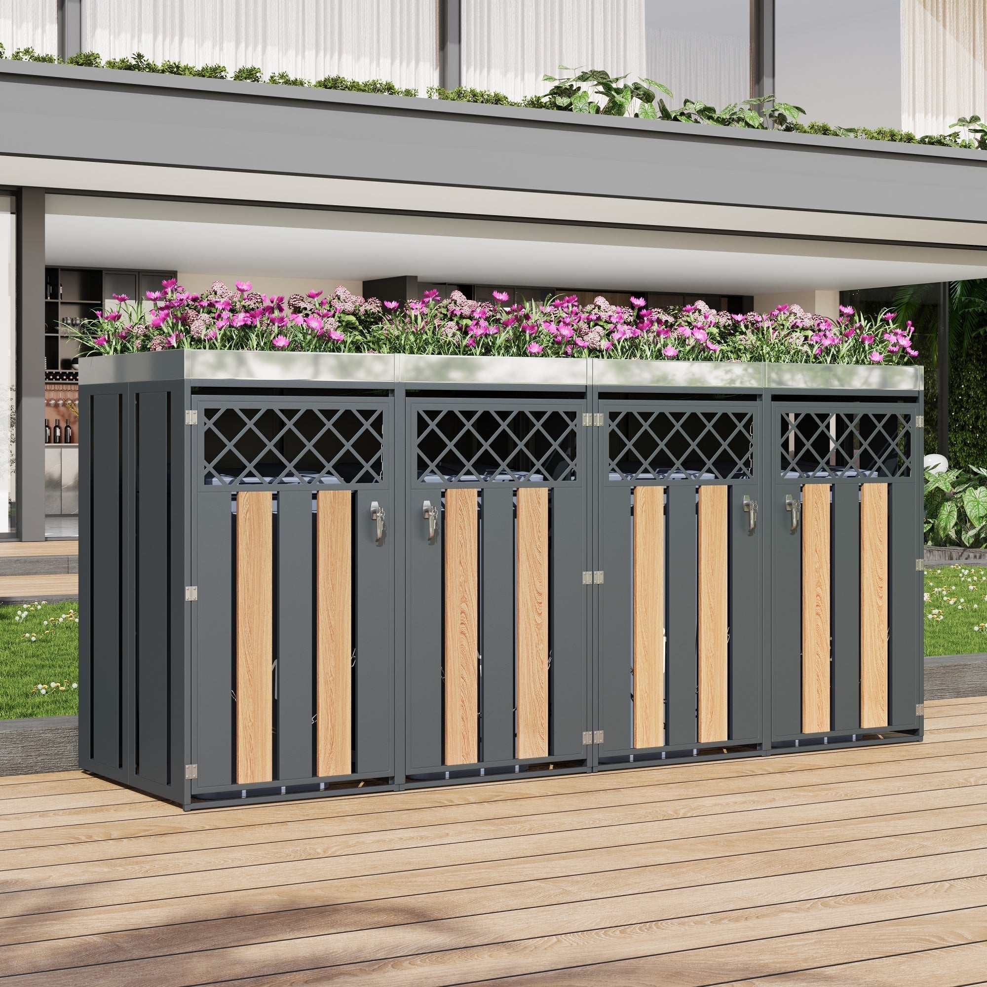 Garbage Can Enclosure with Diamond Ventilation Holes, Lockable Four Doors and Planting Area, Metal