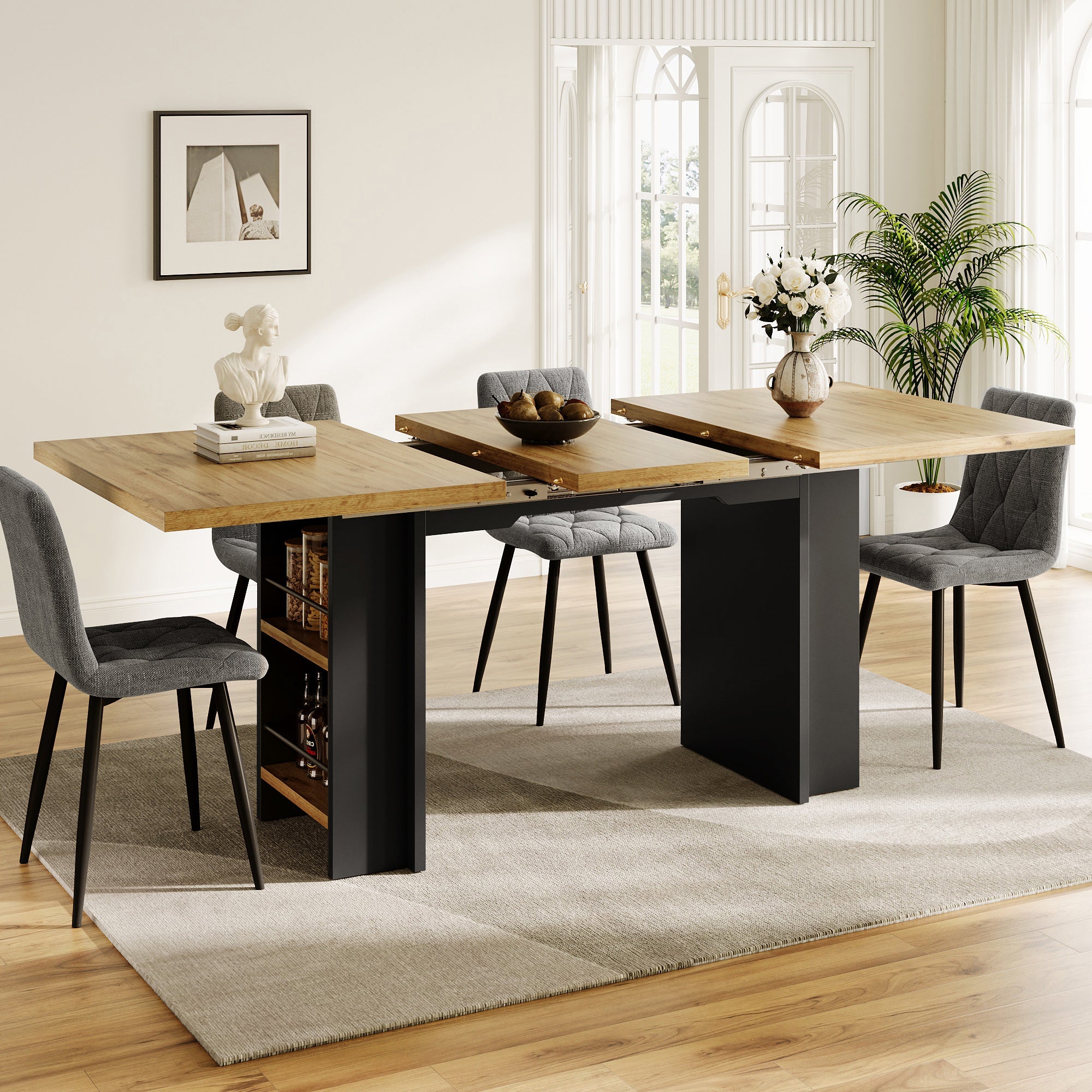 Telescopic Dining Table with Shelves and Extendable 120-160cm Surface, Wood Color