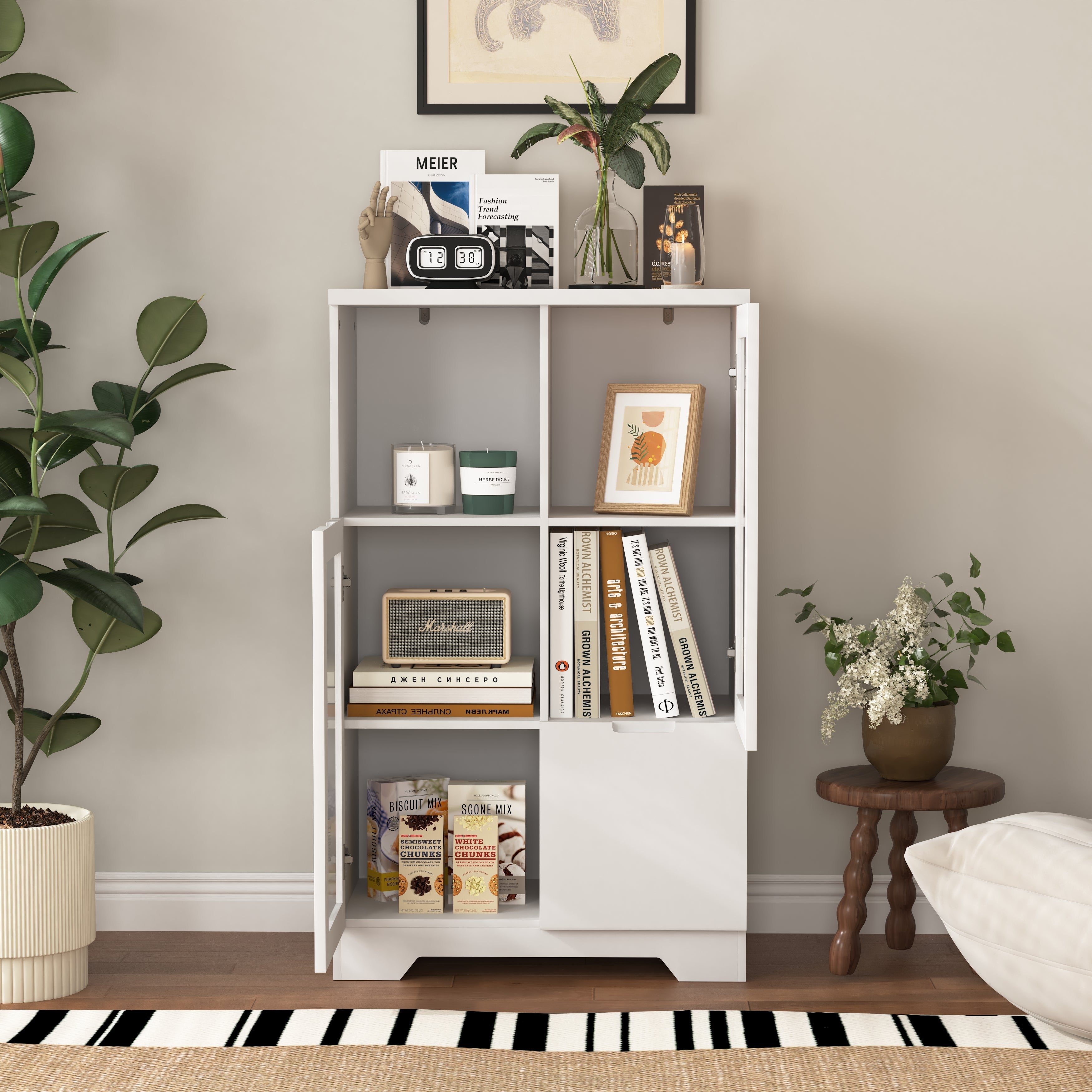 MDF Storage Cabinet with Glass Doors and Drawer, White