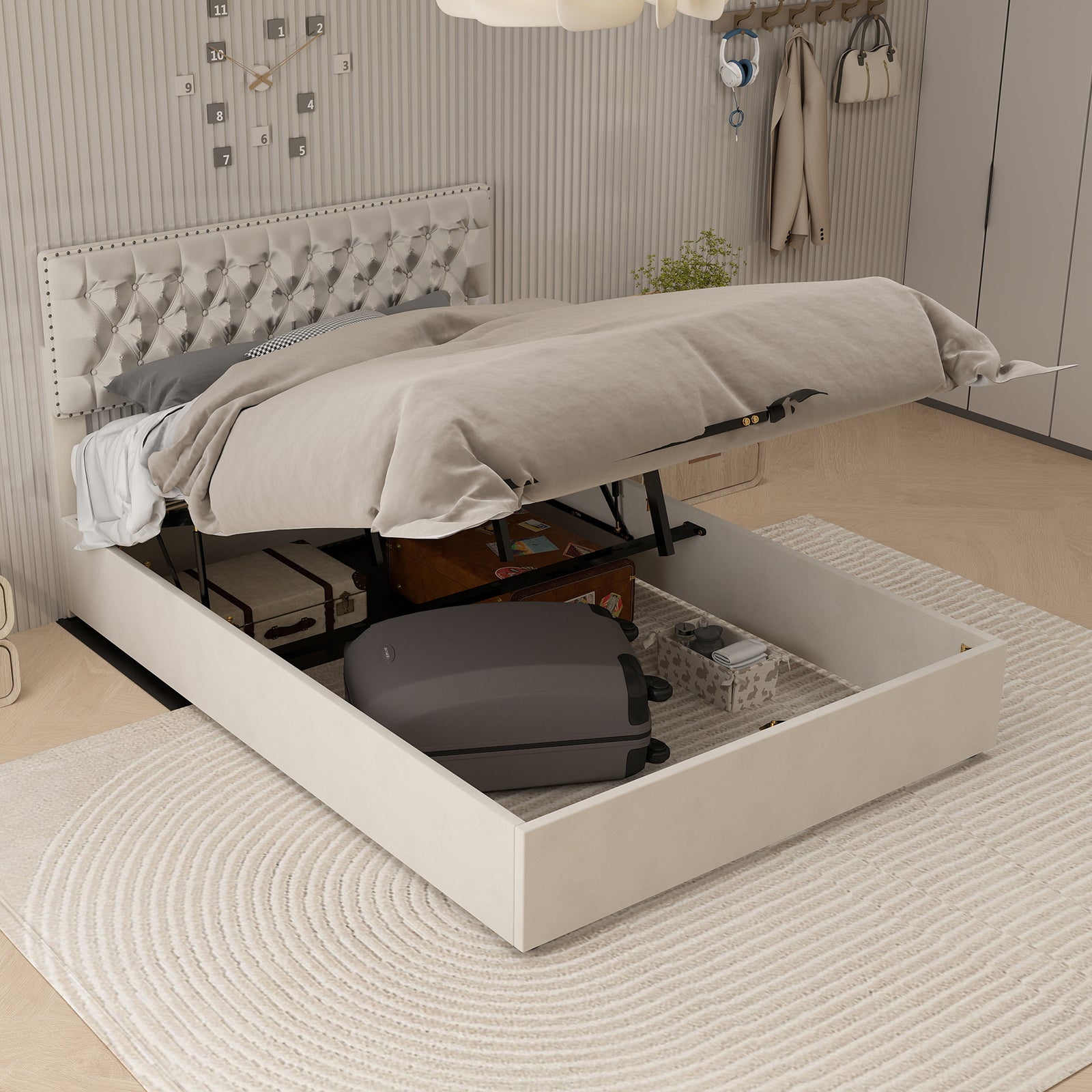 Modern Minimalist Soft Bed with Hydraulic Storage and 160x200cm Frame, Beige Dutch Velvet