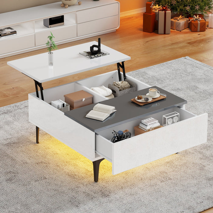 Coffee Table, Height-Adjustable with Hidden Storage and Shelves, White High-Gloss