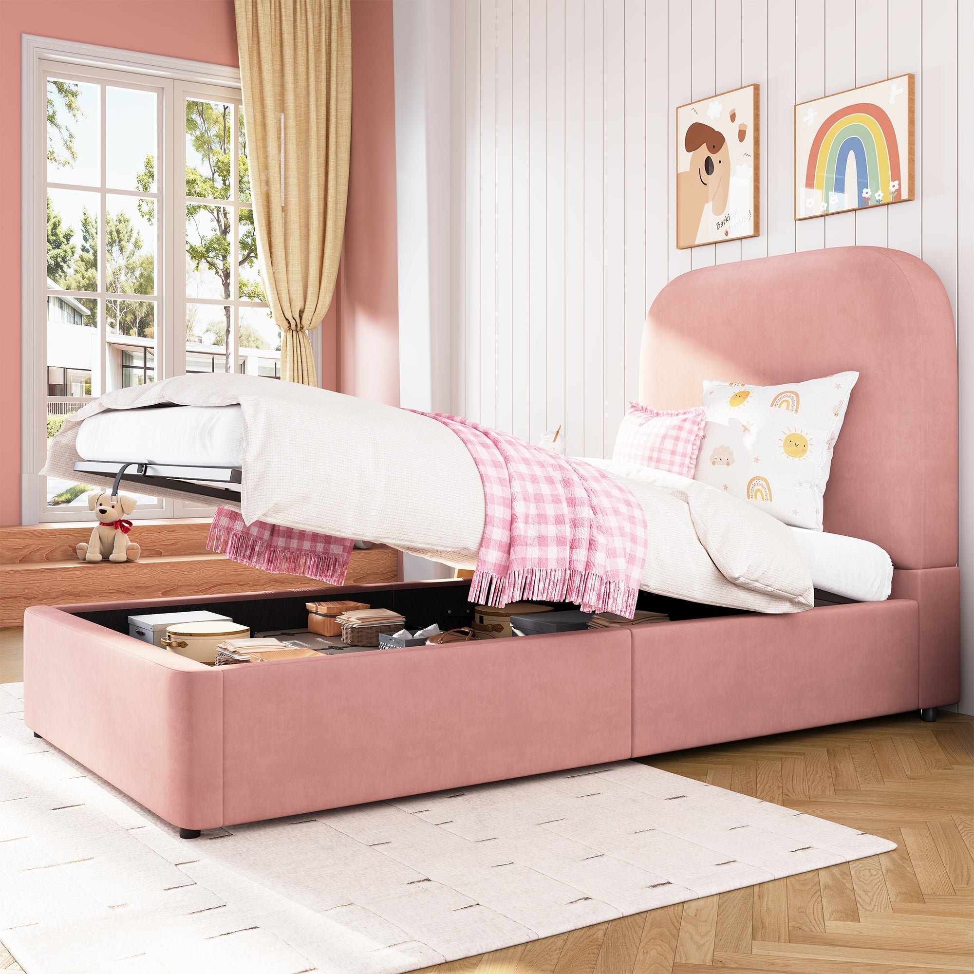 Upholstered Bed 90x200cm Hydraulic Storage Headboard, Velvet Pink