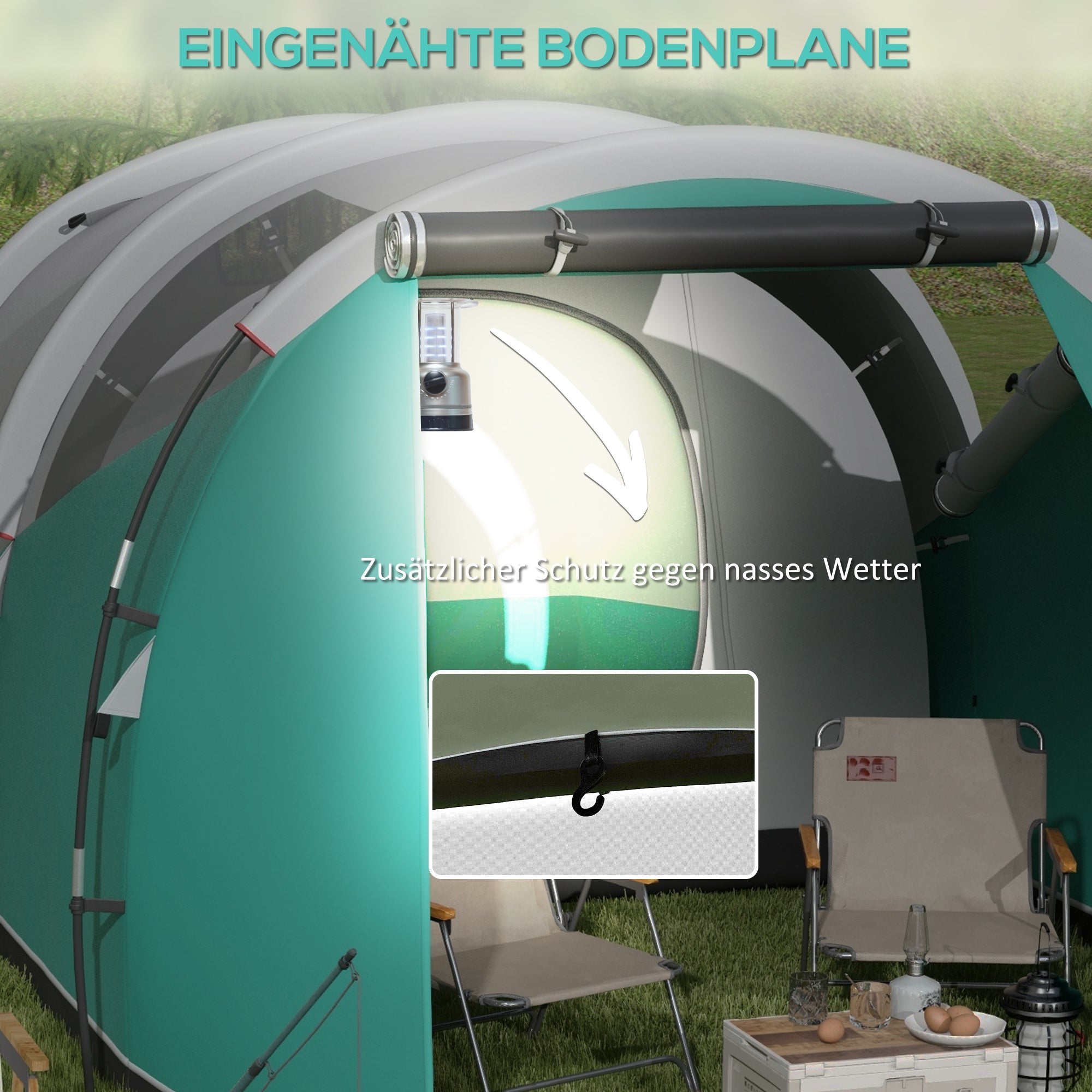 Tunnel Tent Camping Tent, 5 People Family Tent 2 Rooms, Green