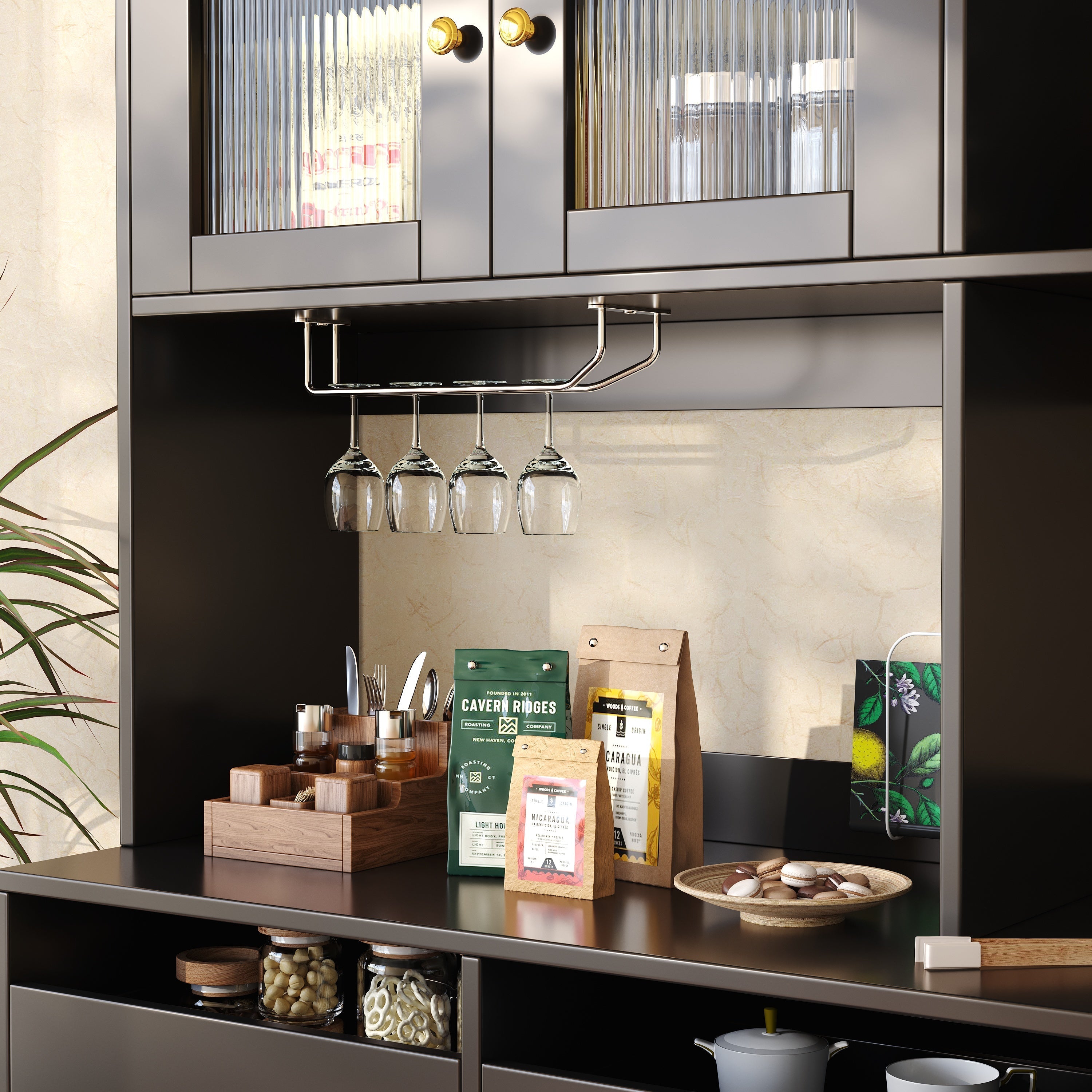Multi-purpose Storage Cabinet with Changhong Glass Door, Wine Glass Holder, and Multi-layered Storage Space, Black with Gold Decoration