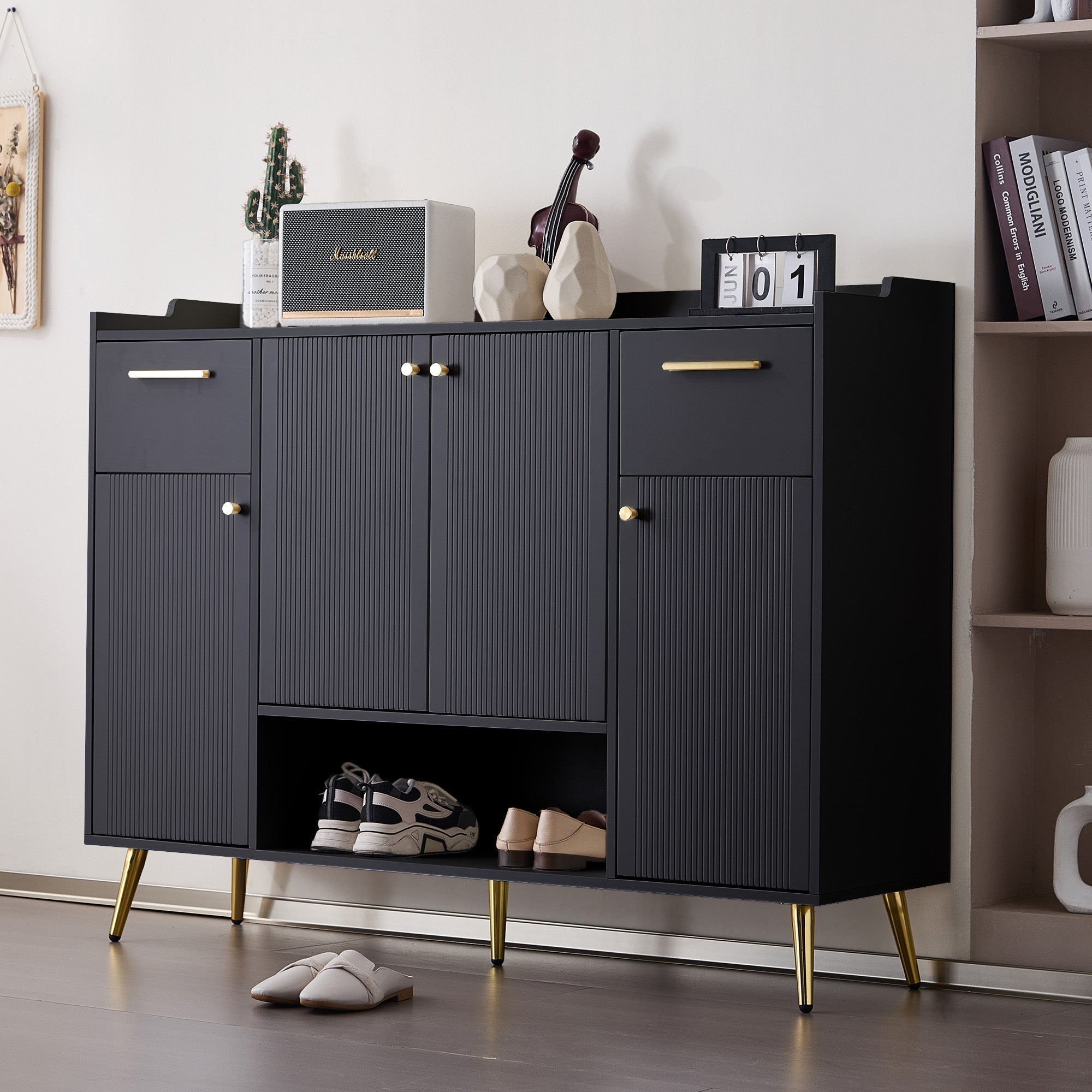 Shoe Cabinet, Shoe Rack with 2 Drawers and 4 Doors, Metal Feet, Black