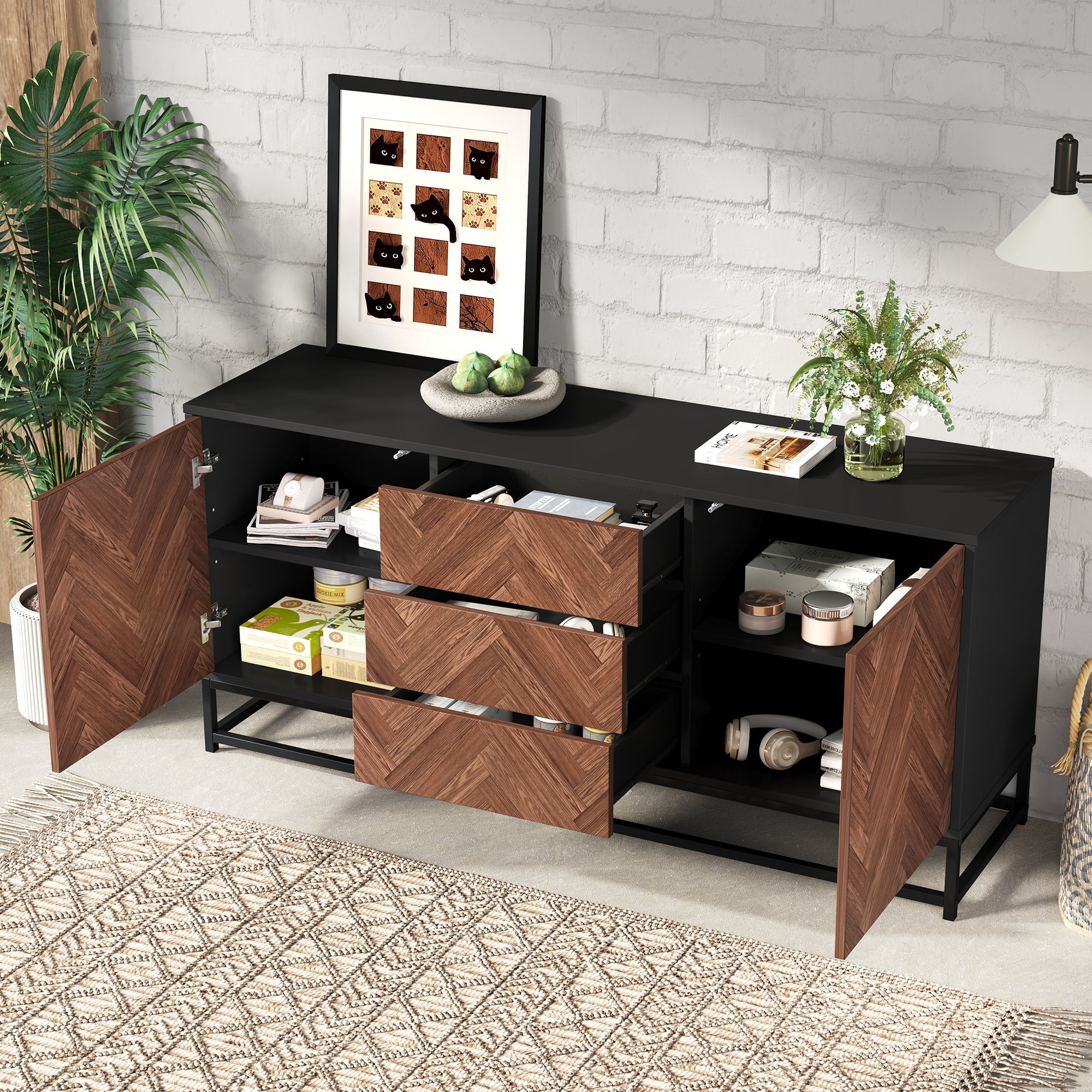 Living Room Sideboard 145cm 3 Drawers 2 Doors Adjustable Dividers - Wood/Black