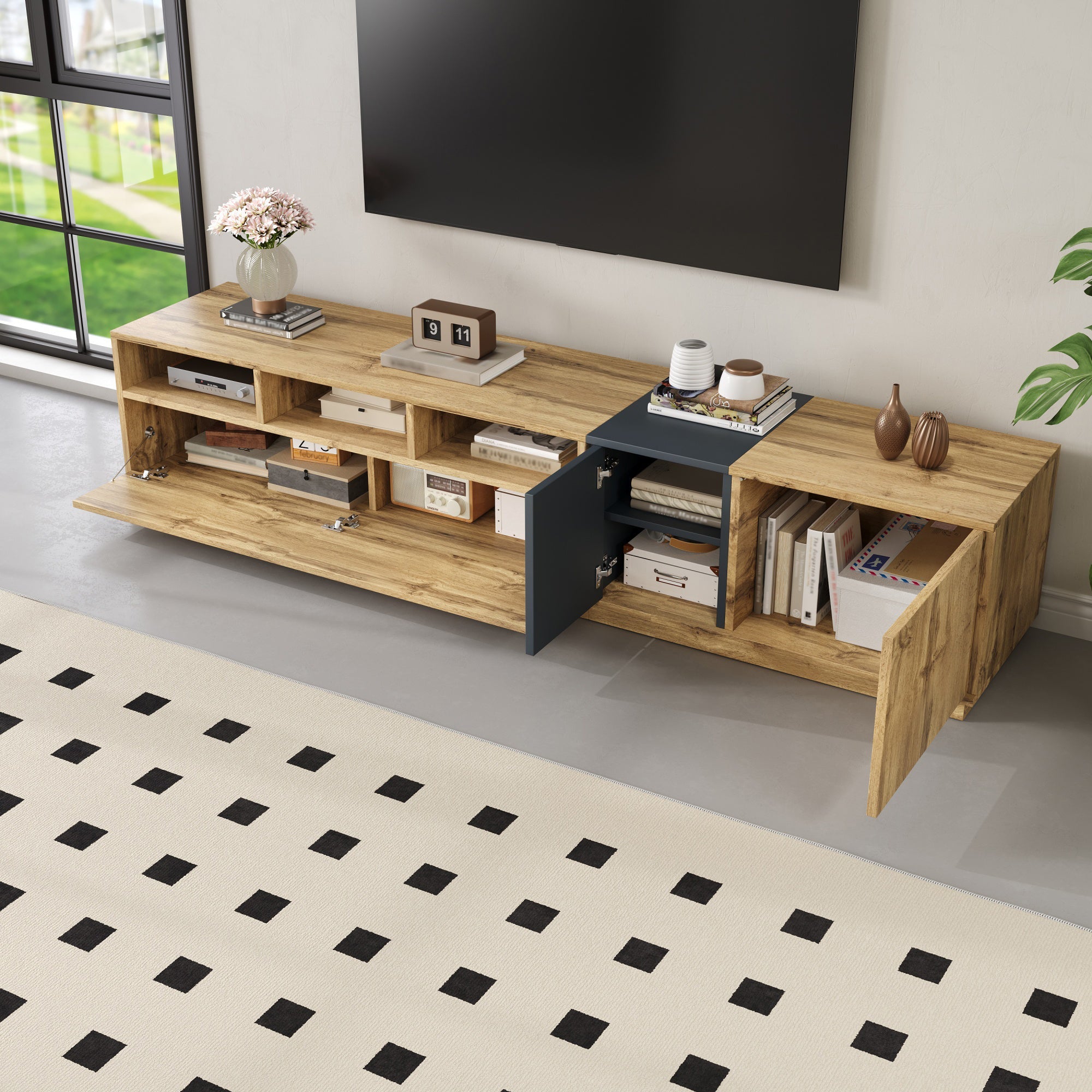 TV Stand, Modern Contrasting, 200cm, Black-Gray and Wood