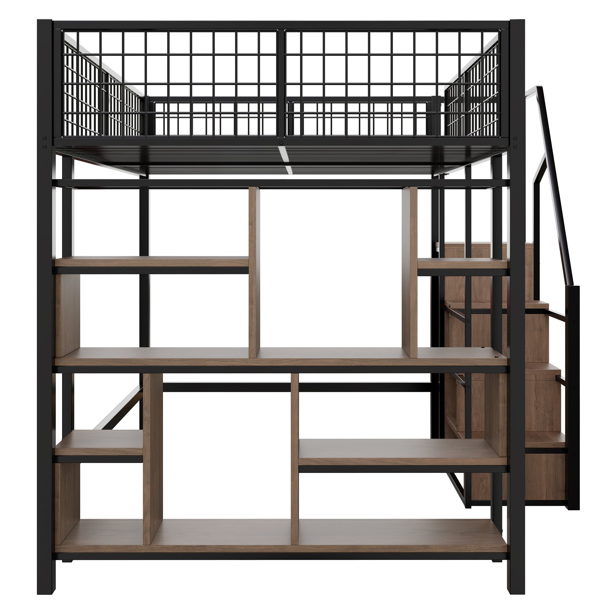 Loft Bed, Multifunctional with Storage & Stairs, 140x200 cm, Metal Black