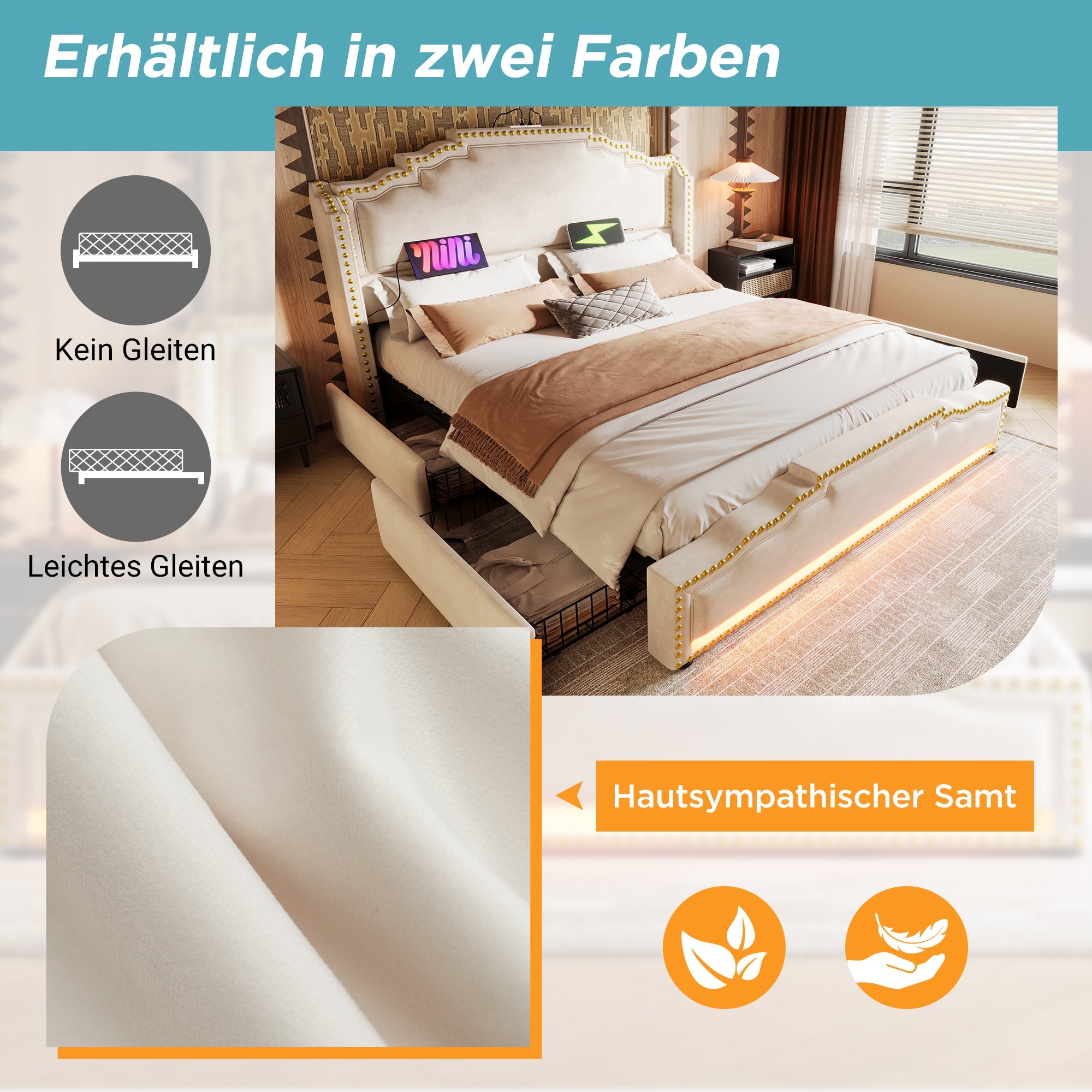 Upholstered Bed 180x200cm with 4 Drawers, LED Lighting and USB-C, Beige Velvet