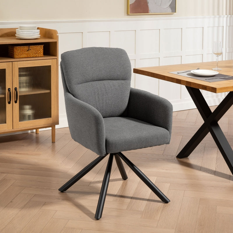 Upholstered Dining Chair, Thick Padding, Armrests, Metal Legs, Grey