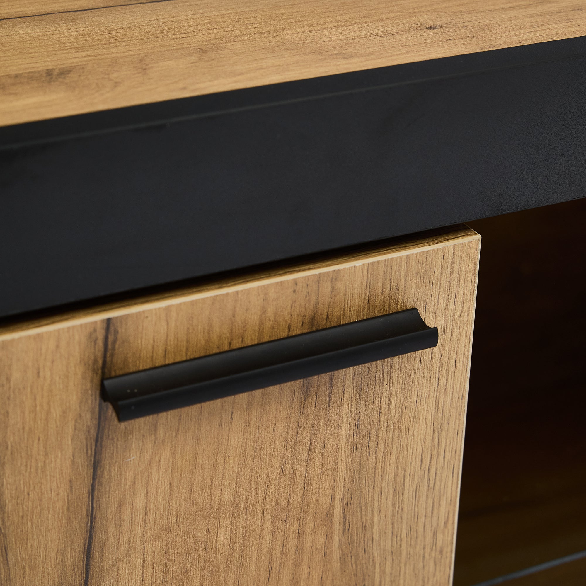 LED TV Cabinet Lowboard Console with Glass Shelves Storage for 70/65/55 Inch TVs, Black + Oak