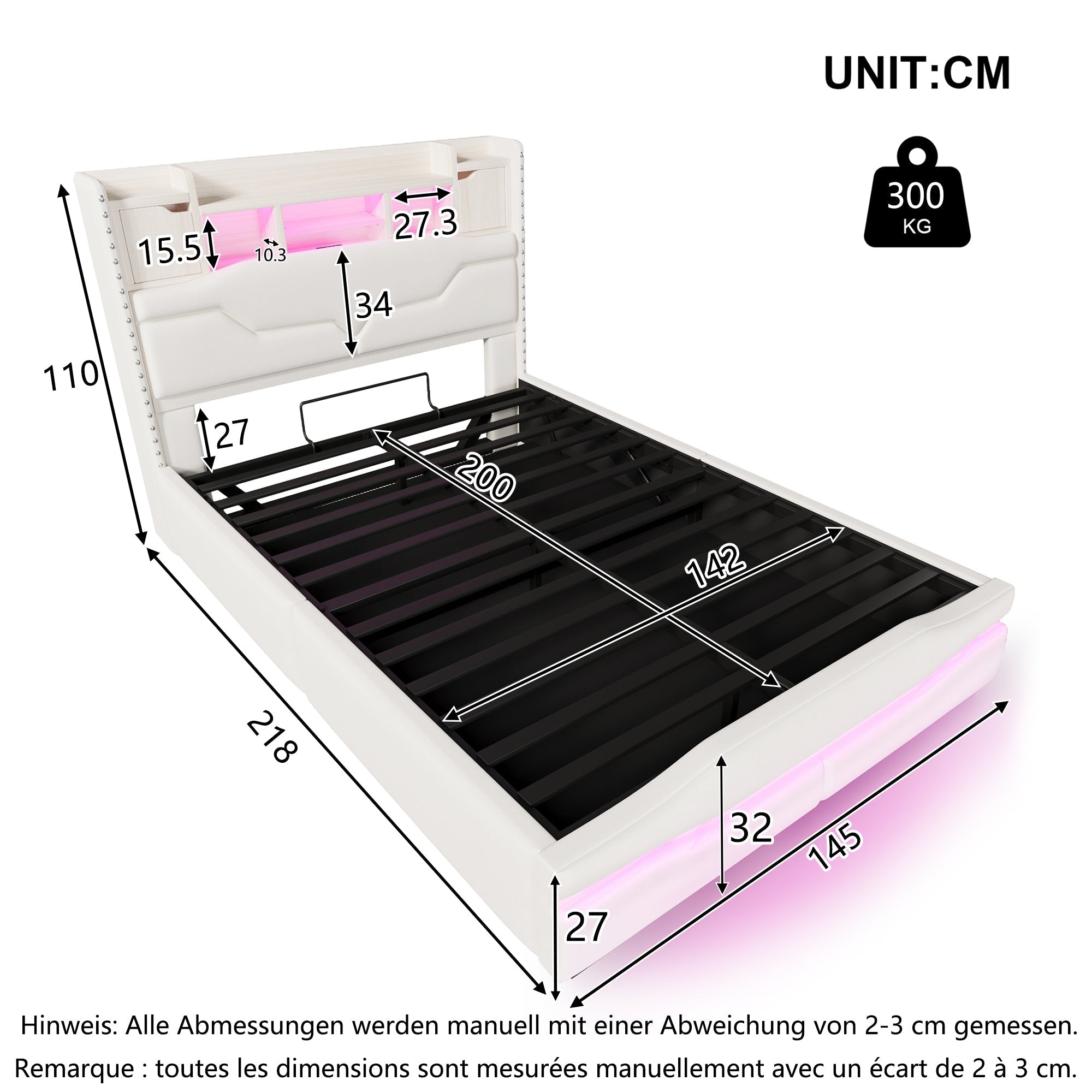Upholstered Bed 140x200cm Hydraulic Storage USB-C LED Headboard Compartment Beige
