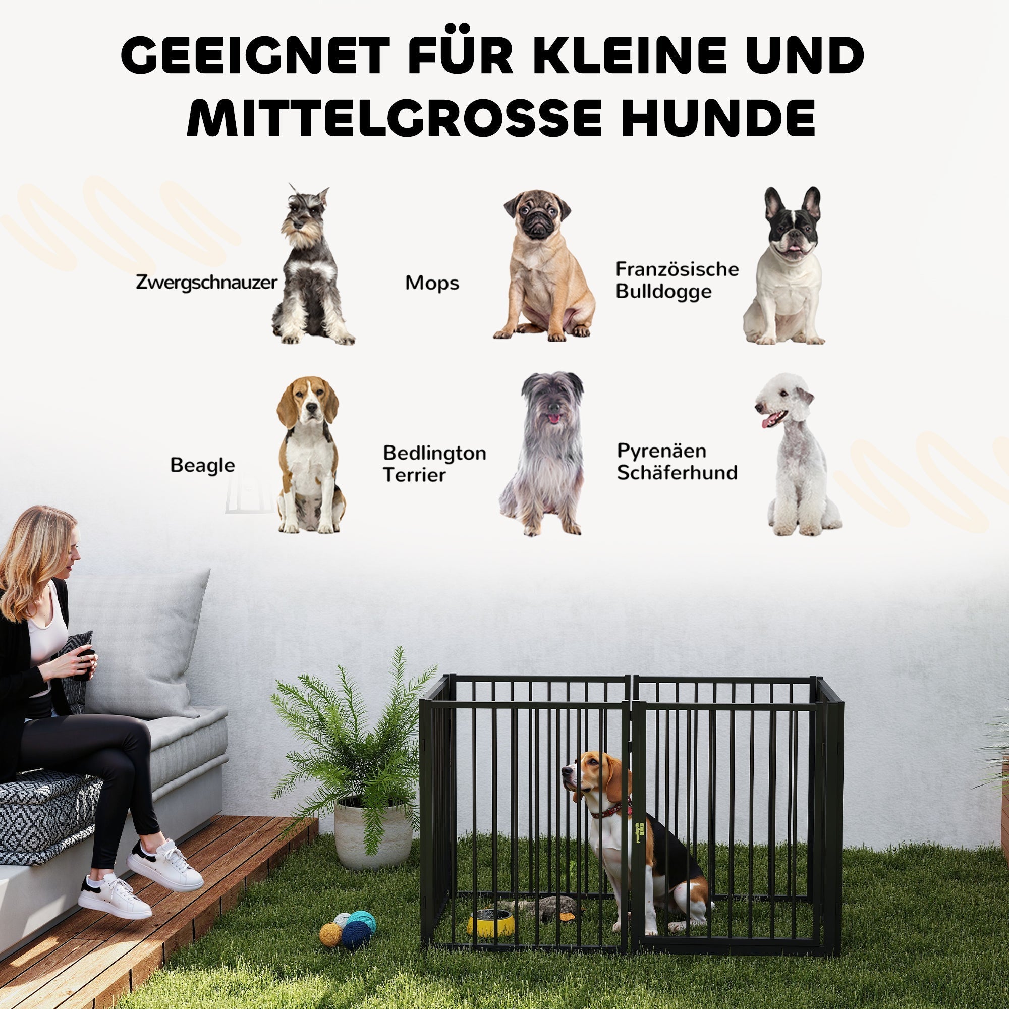 Welpenauslauf, 76cm hoch, 8-teilig mit Tür, Stahl, Schwarz