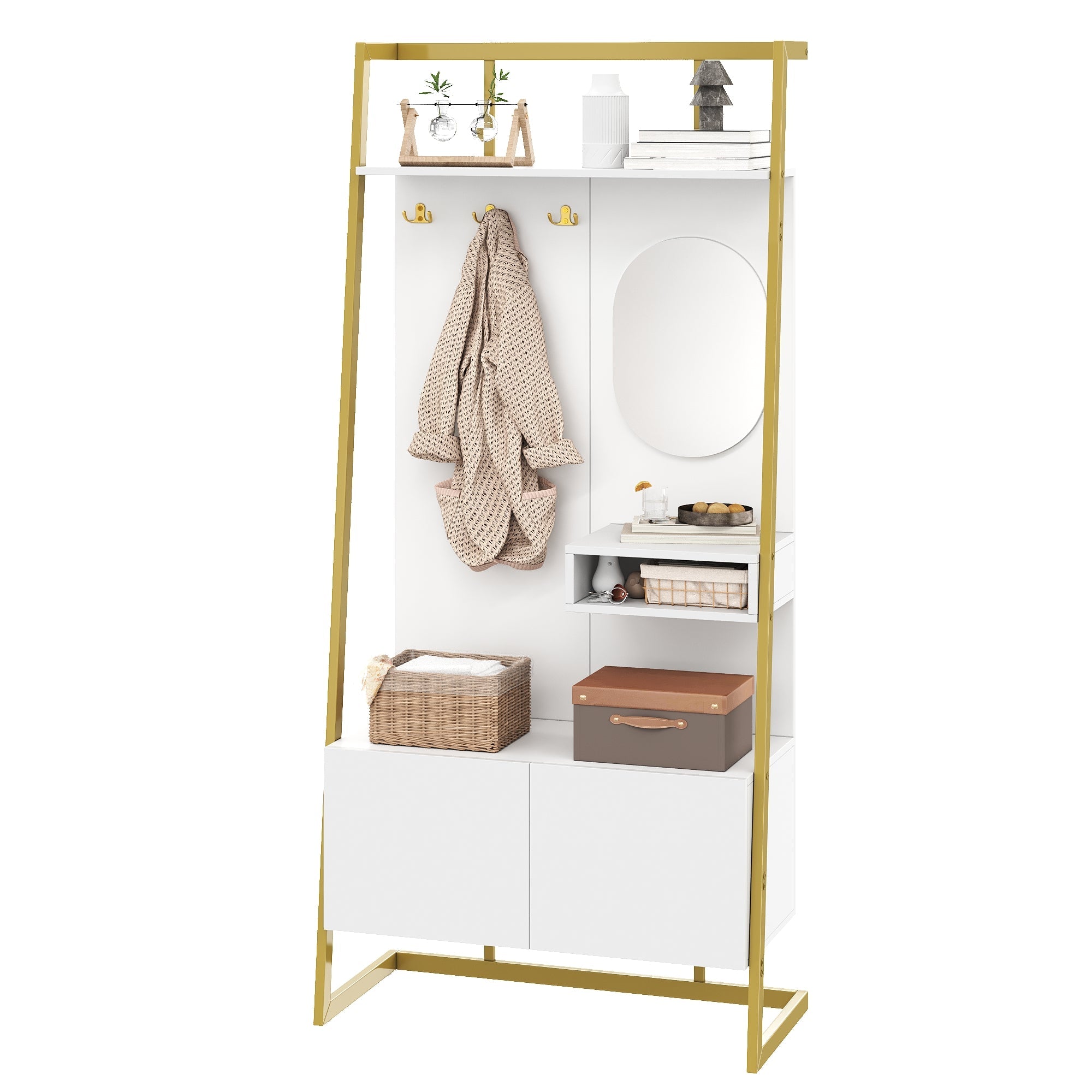 Wardrobe, Compact Multifunctional Storage with Mirror, Hooks & Shoe Bench