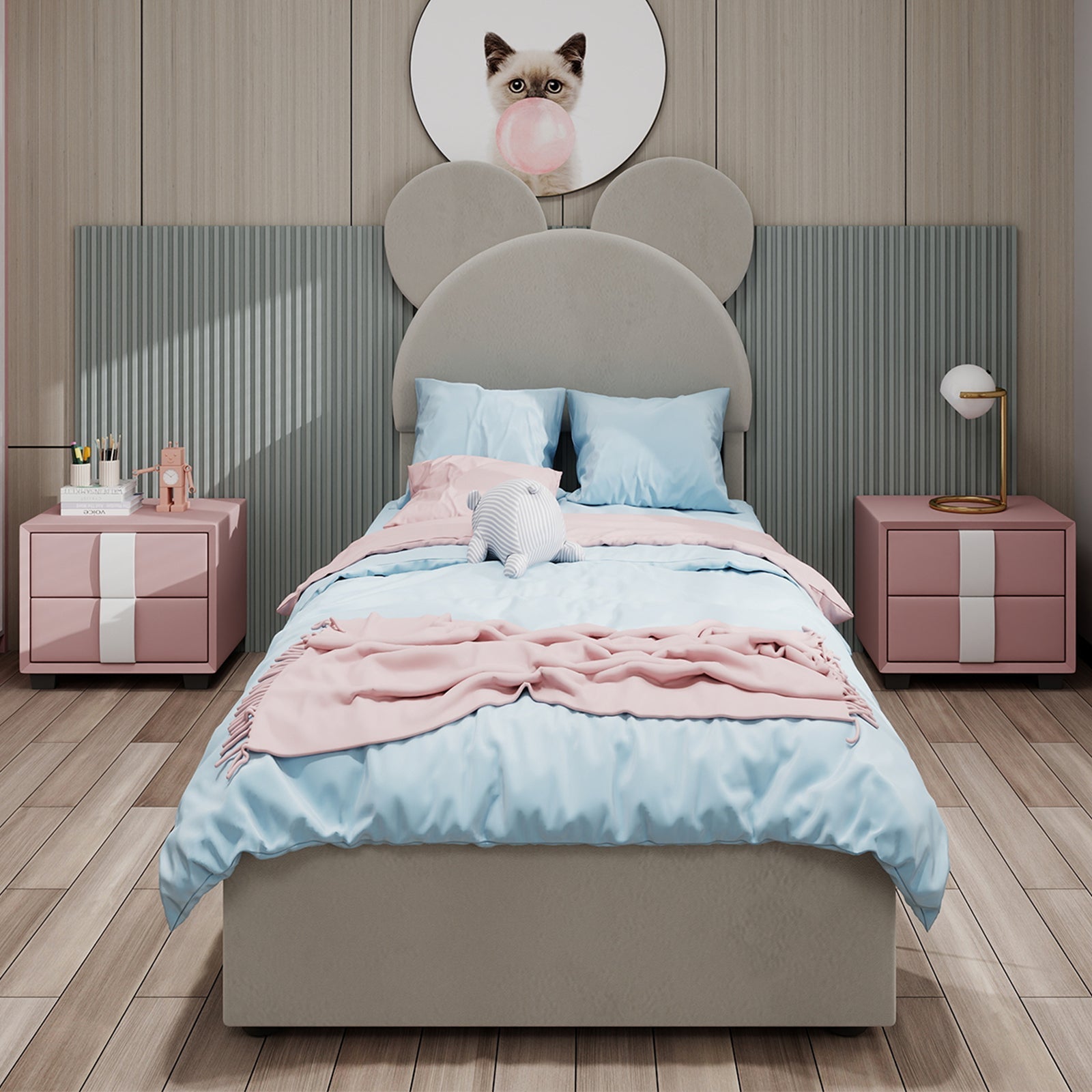 Upholstered Bed, Modern Minimalist Cartoon Headboard, 140x200 cm, Gas Lift Storage, Beige