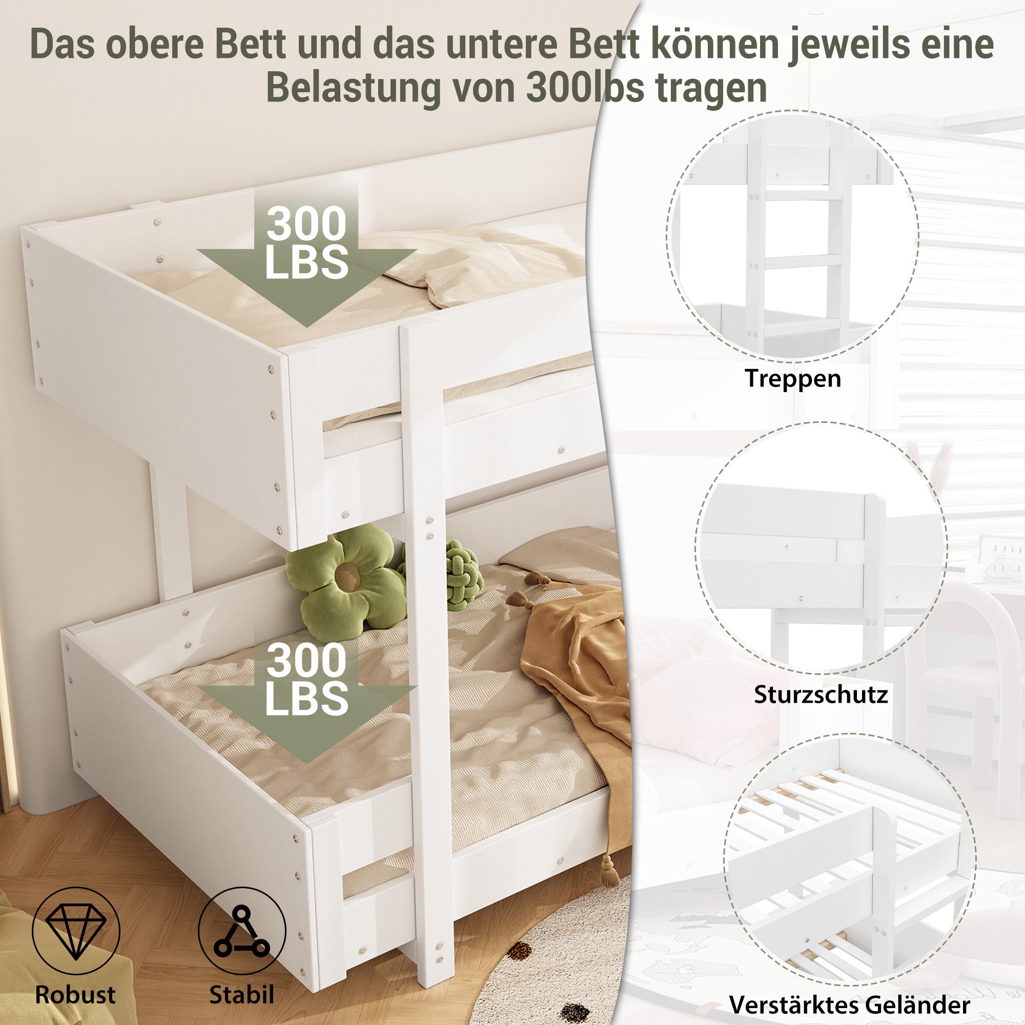 Children's Bunk Bed with Stairs and Reinforced Railing, 90x200cm, White