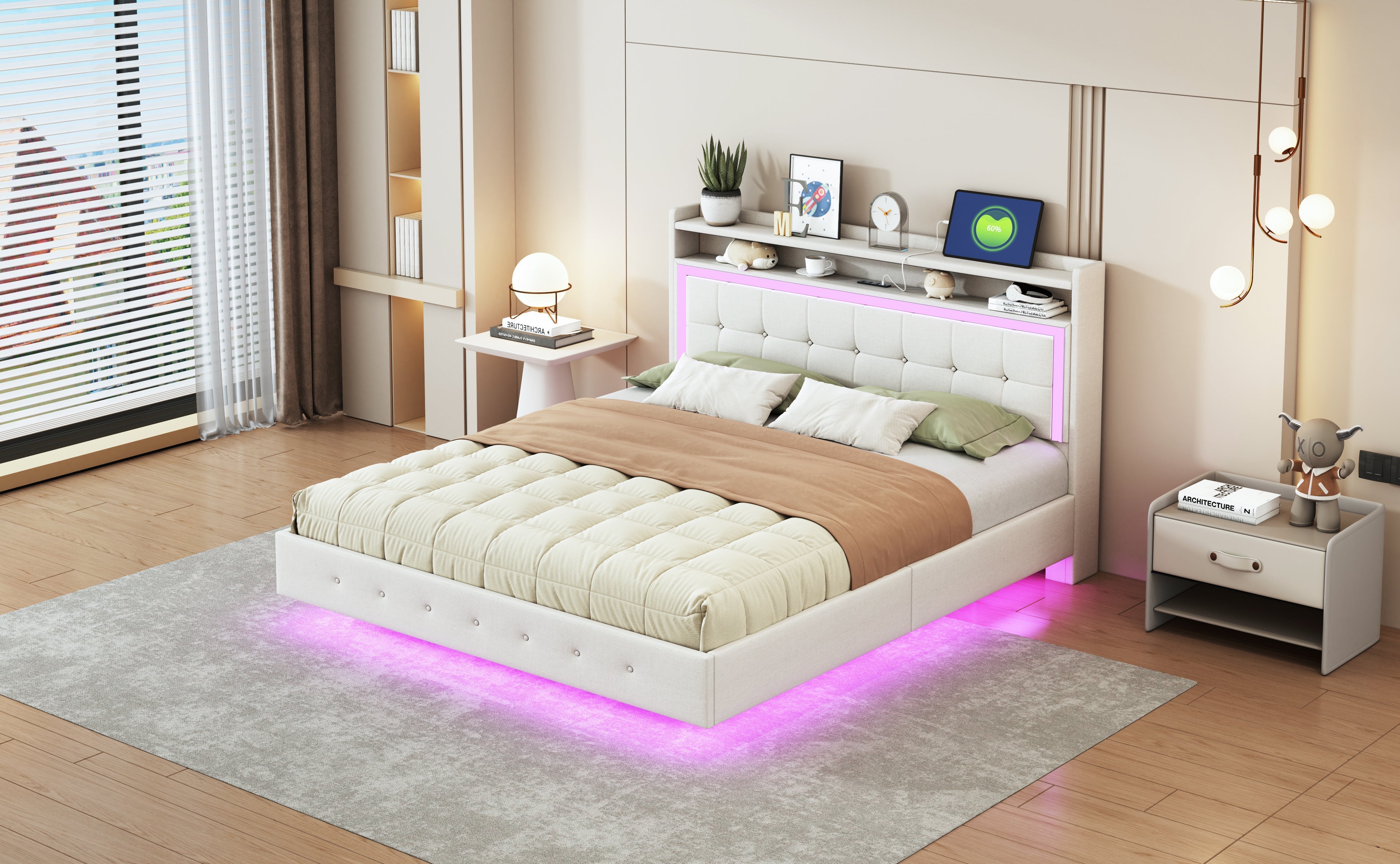 Upholstered Bed 160*200, USB & LED, Double Flat, Linen Fabric Beige