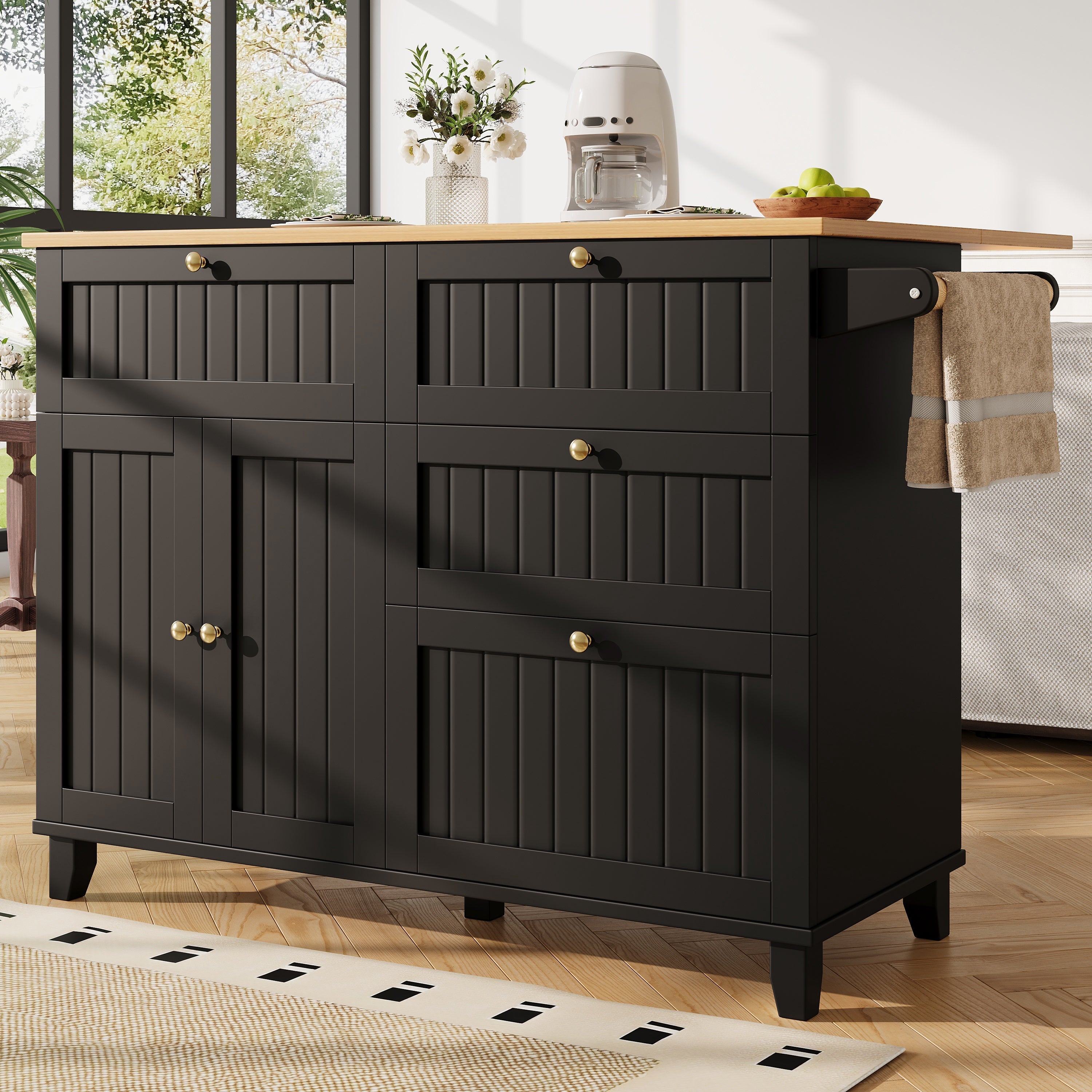 Modern Kitchen Island Dining Table Multifunctional with Storage Wood Grain Black
