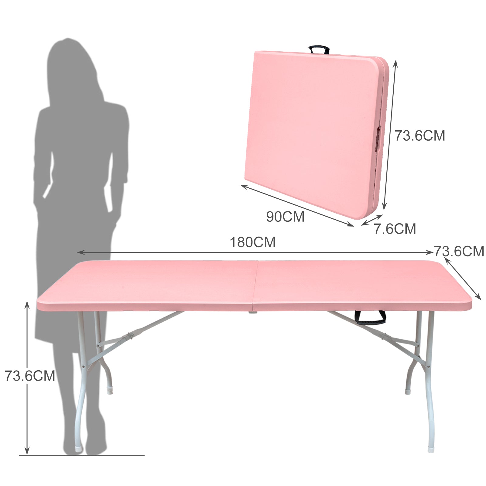 Klapptisch 180cm, strapazierfähig, tragbar mit Griff, Pink