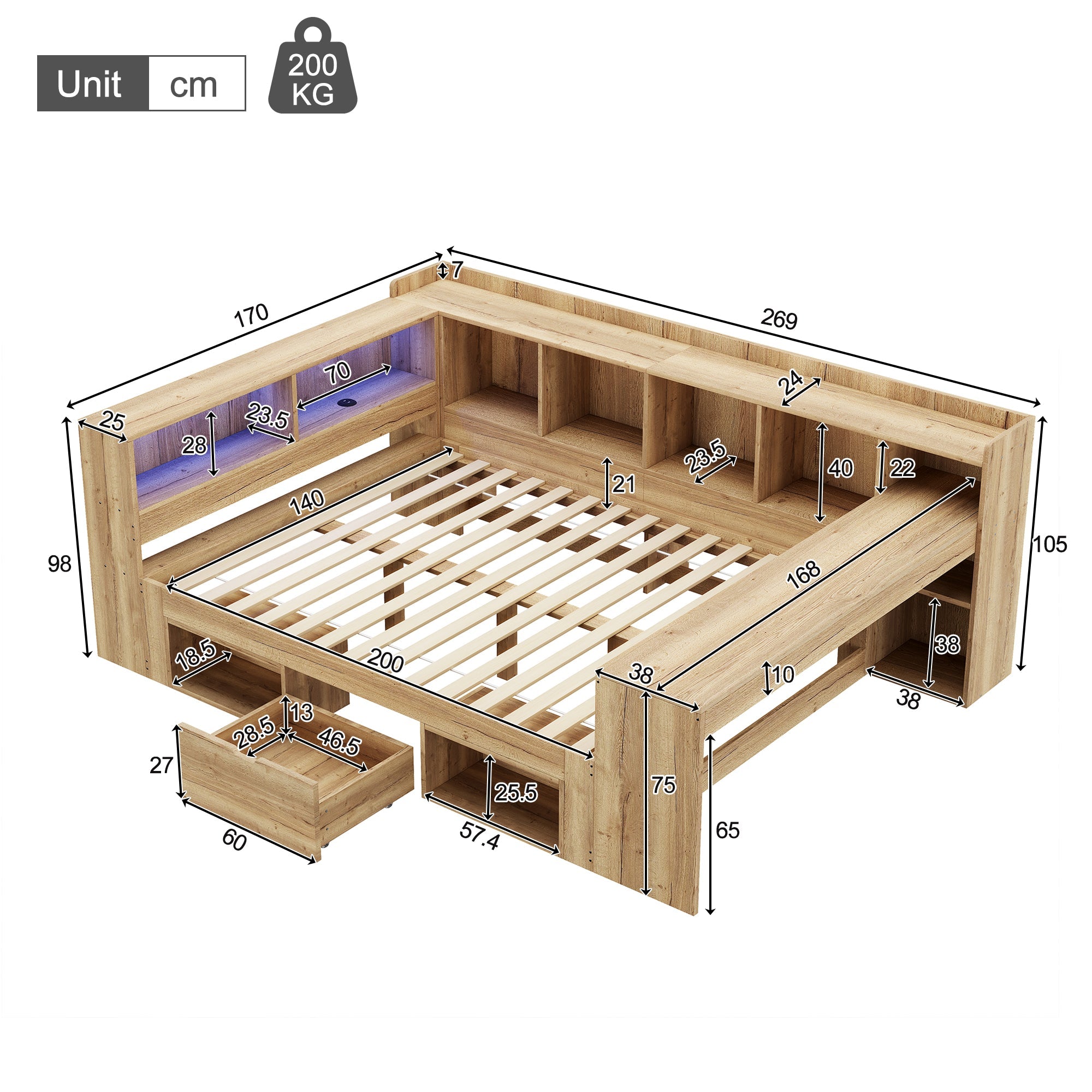 L-shaped Storage Platform Bed with Desk, LED, USB and Drawers, 140x200cm, Natural Wood