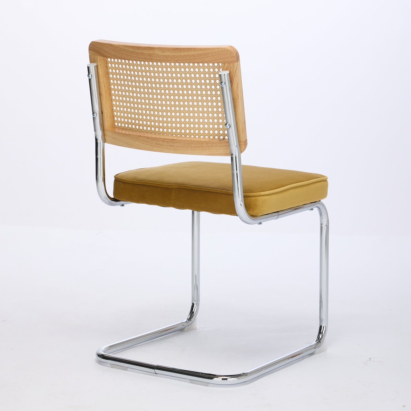 Mid Century Modern Dining Chairs Set of 2 - Velvet Cane Back Chrome Base - Golden Color