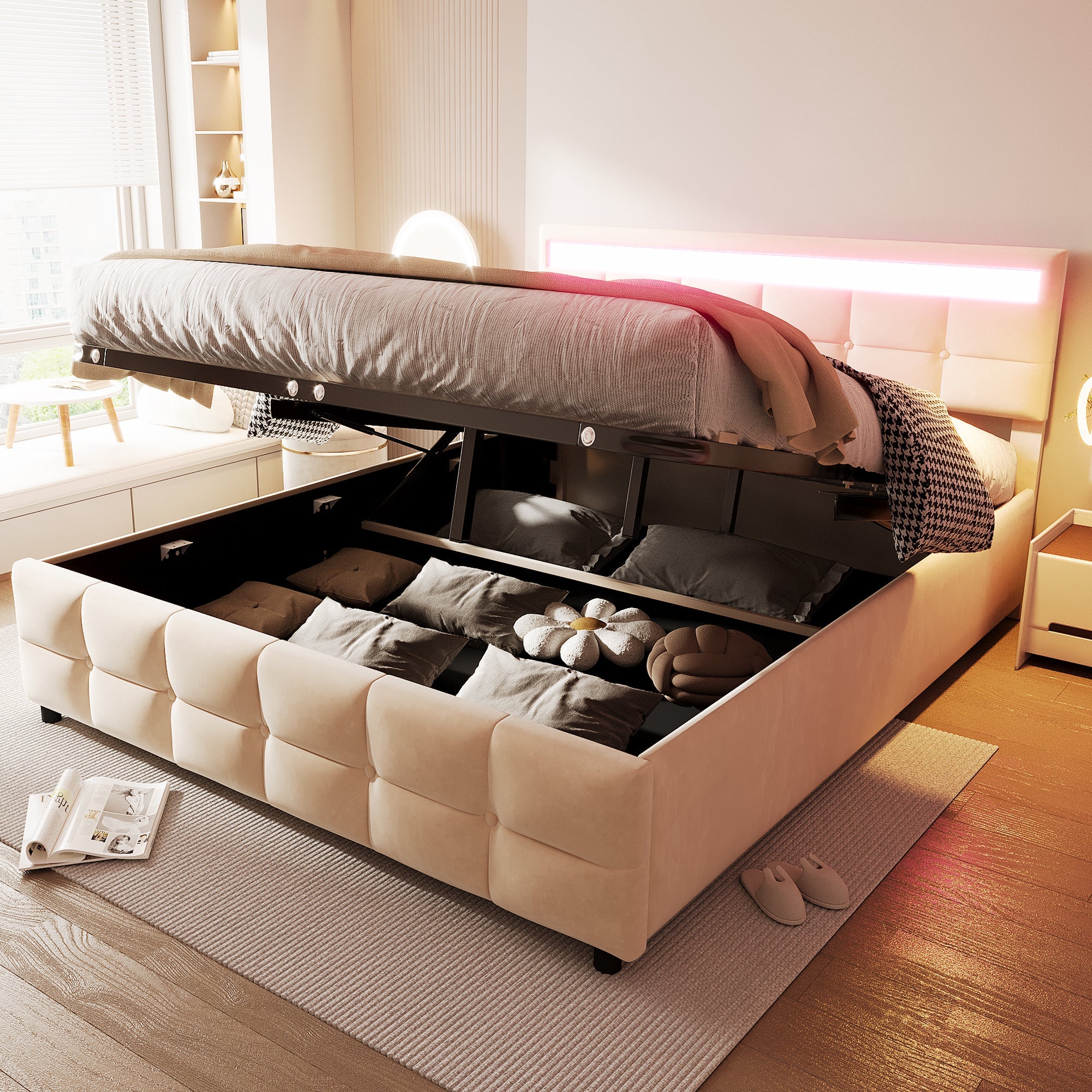 Upholstered Bed 180x200cm LED Hydraulic Slatted Frame, Dutch Velvet Beige