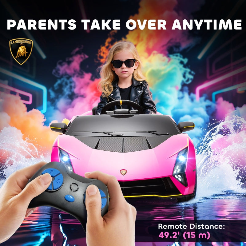 12V Lamborghini Autentica Kids Electric Car with Remote Control, 4 Suspension Wheels, Soft Start, Pink