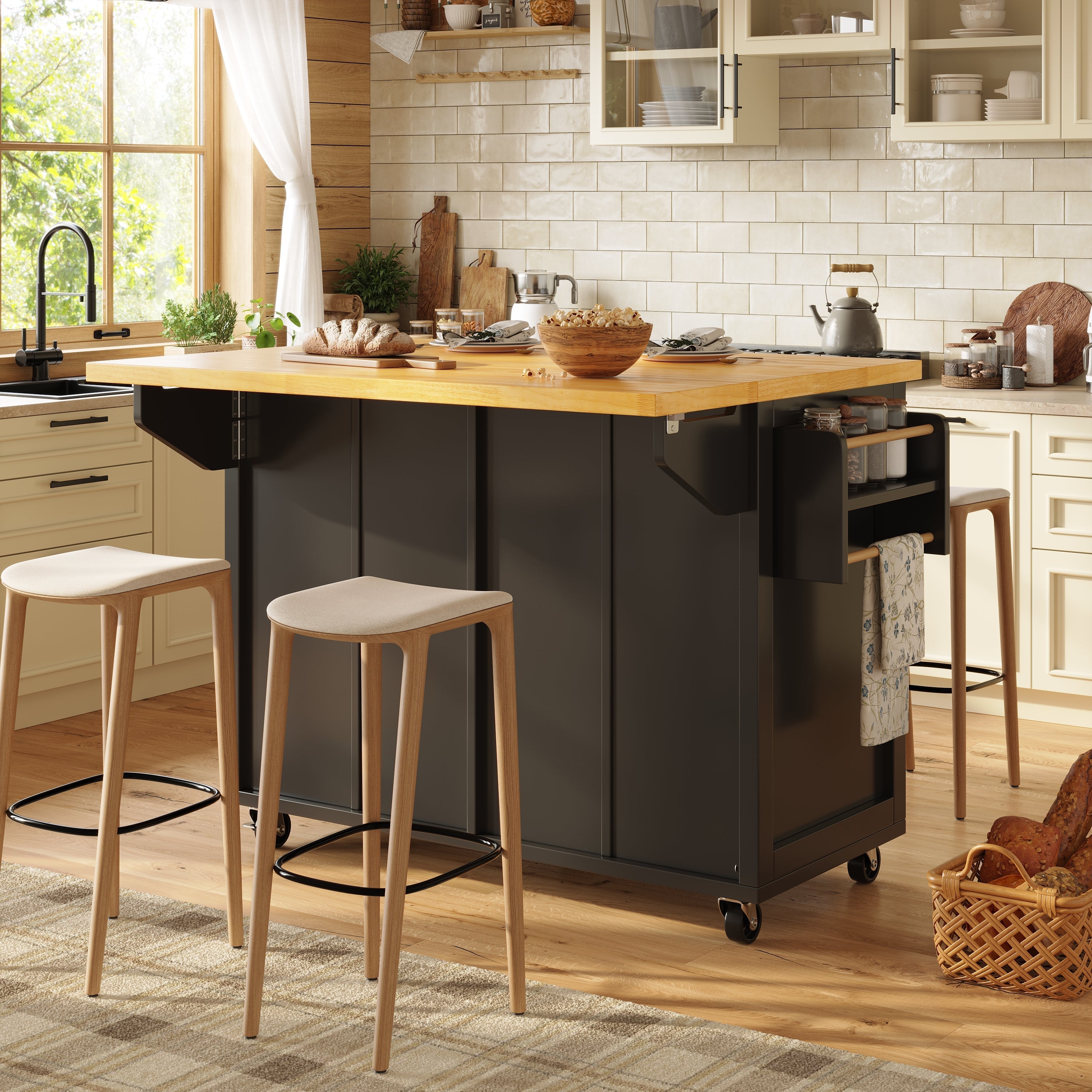 Kitchen Island Serving Trolley with Ample Storage and Adjustable Shelves, Black