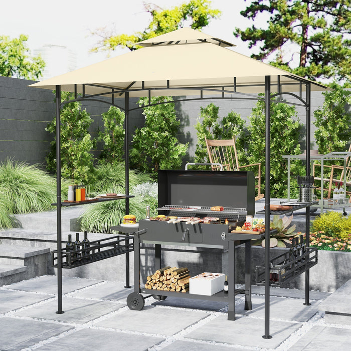 BBQ Pavilion, Double Roof, Side Shelves, Steel, Beige