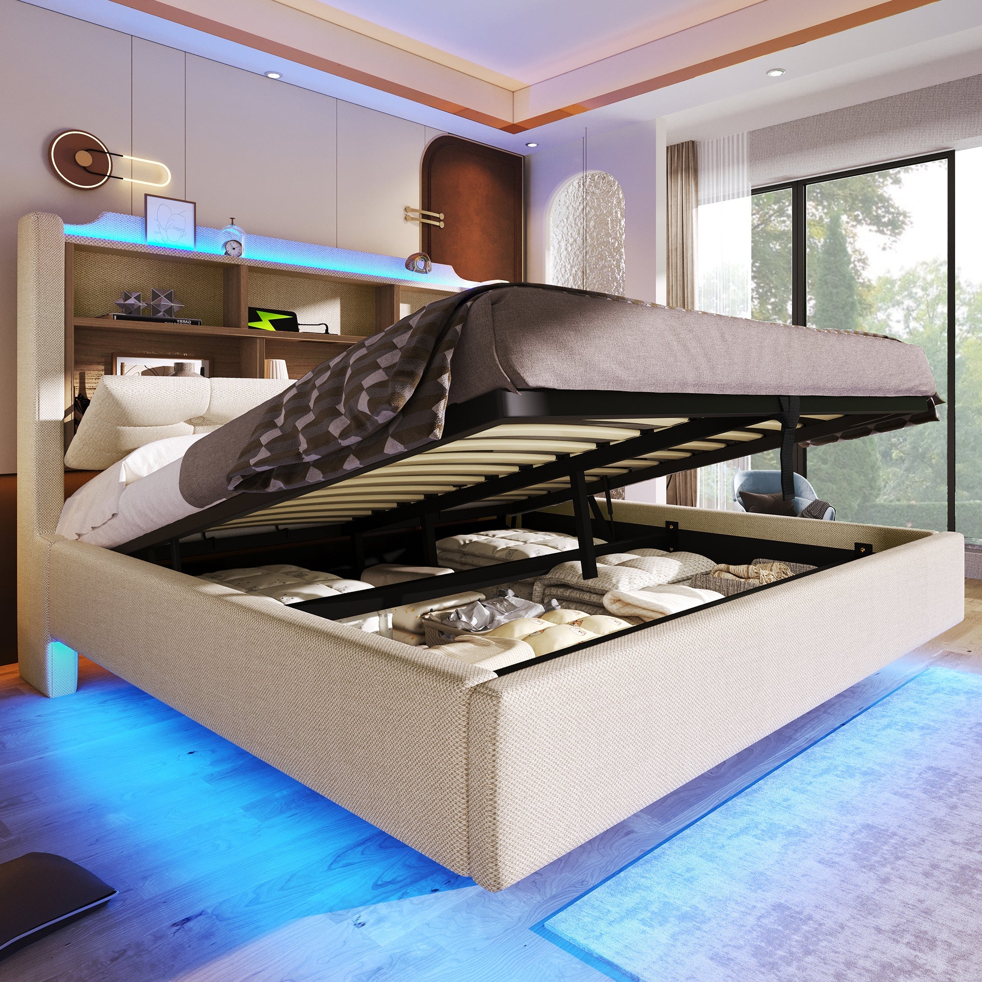 Upholstered Bed 140x200cm LED Light Strip Hydraulic Storage USB/Type-C Ports Linen Beige