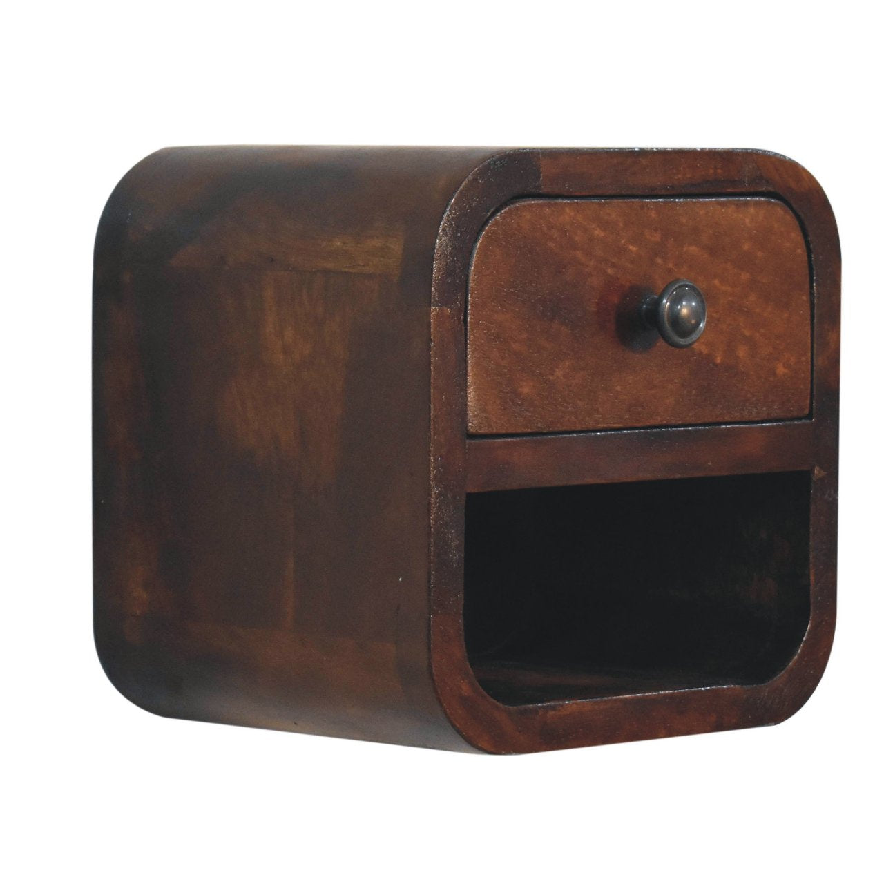 Solid Wood Extra Mini Curved Bedside, 1 Drawer and Open Shelf, Dark Brown