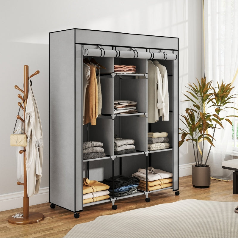 Fabric Wardrobe 8 Shelves 2 Clothes Rails - Grey