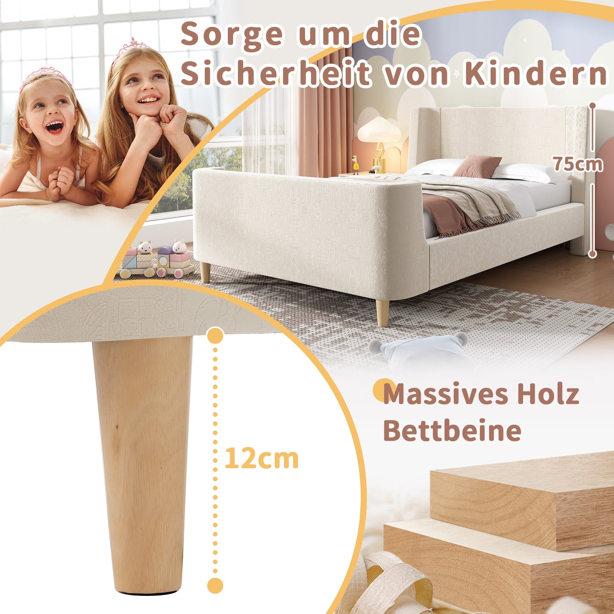 Upholstered Children's Bed, Single Sleigh with Cosmic Pattern, Beige Velvet