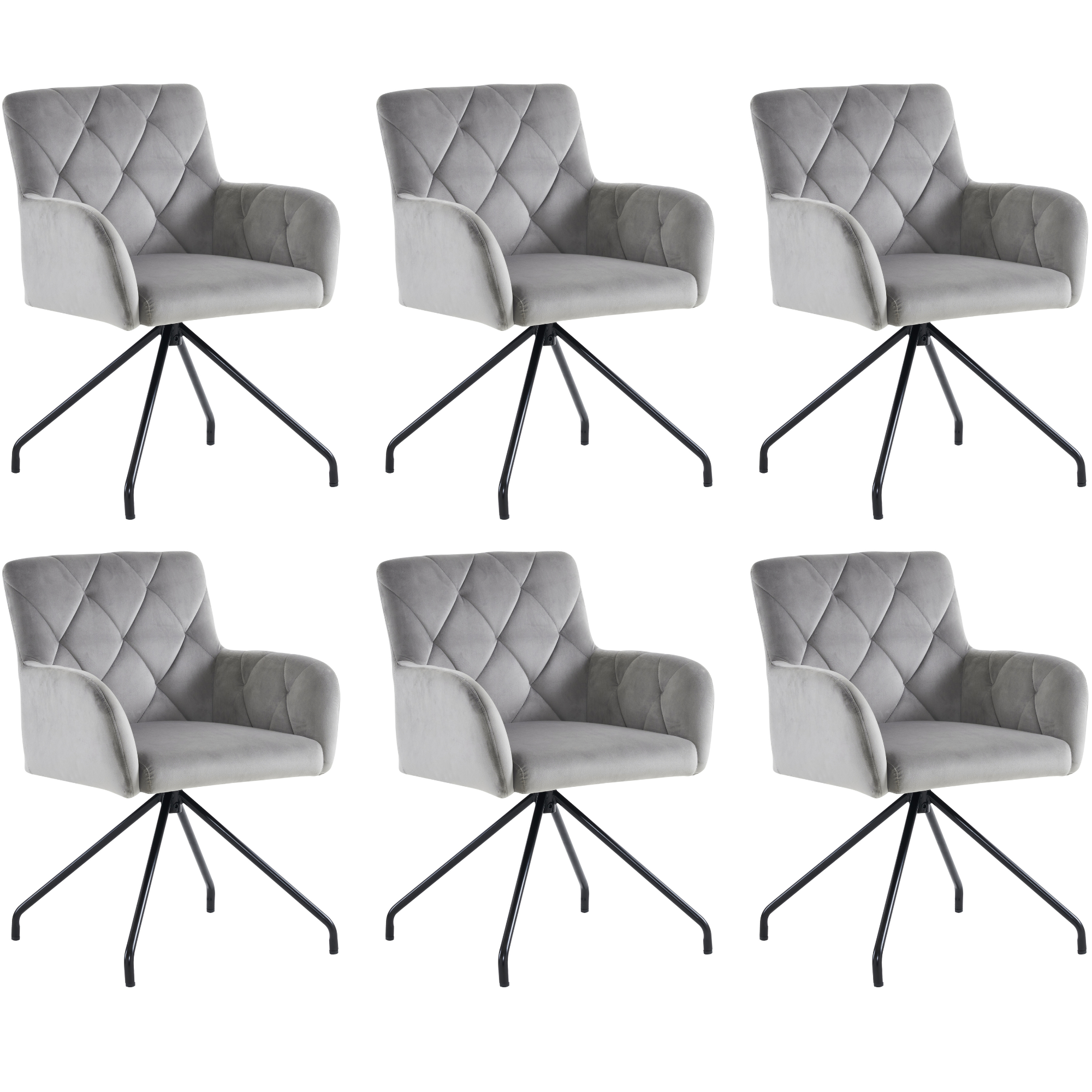 Set of 6 Dining Chairs with Diamond Pattern and Lumbar Support, Light Grey Velvet