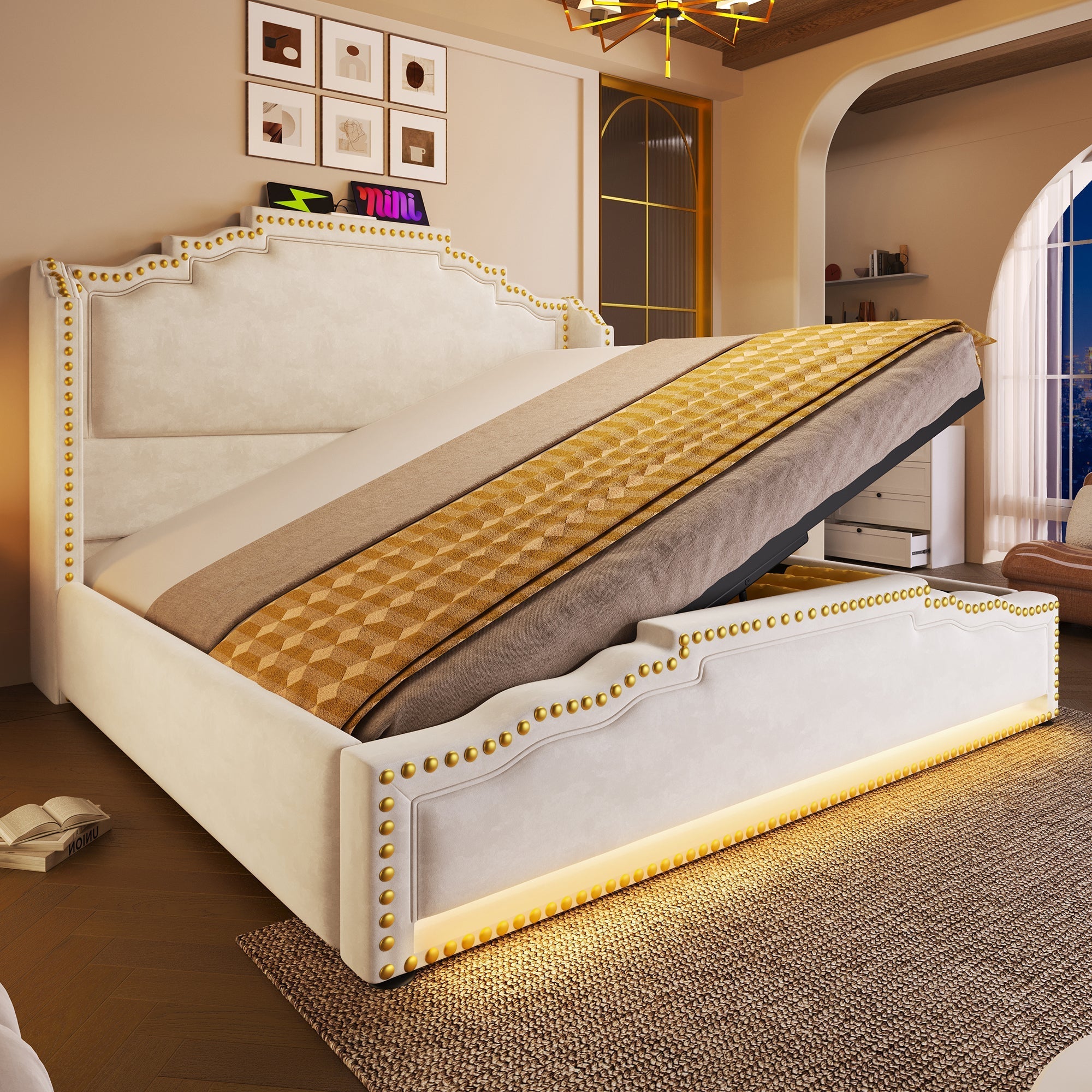 Upholstered Bed 140x200, Hydraulic Storage, LED, USB-C, Velvet Beige