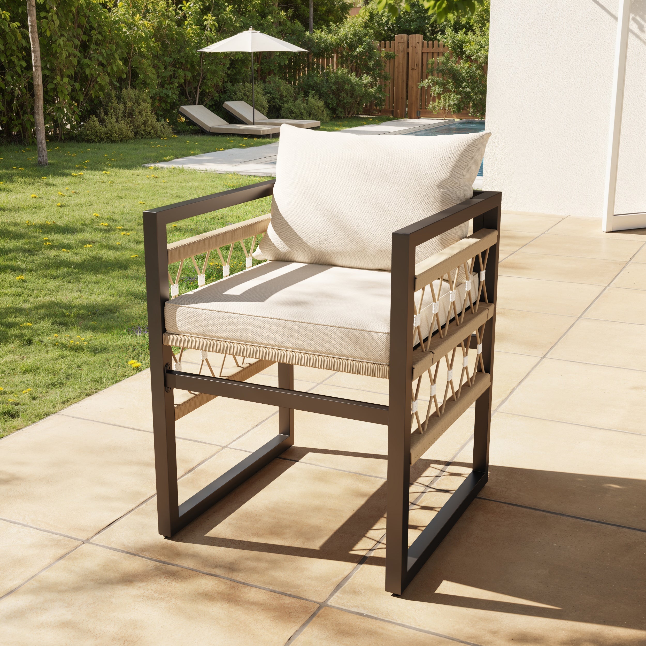 Handwoven Garden Sofa Set with Glass Table and 4 Armchairs, Beige Iron