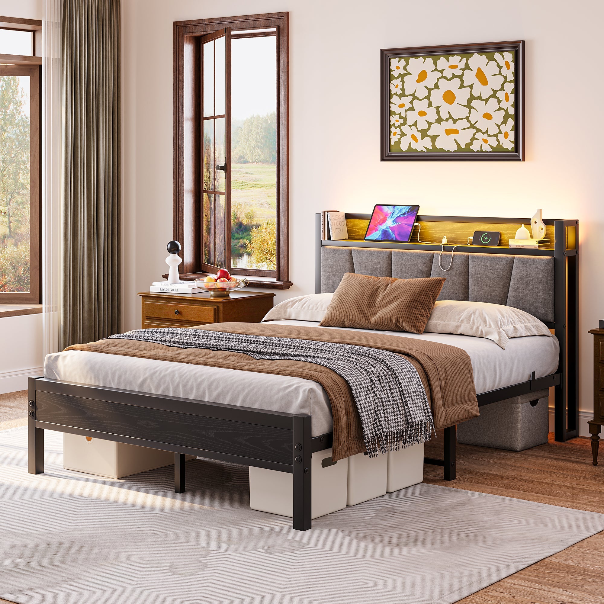 Bed Frame 140x190cm, Smart LED Lights, USB Charging Headboard, Metal