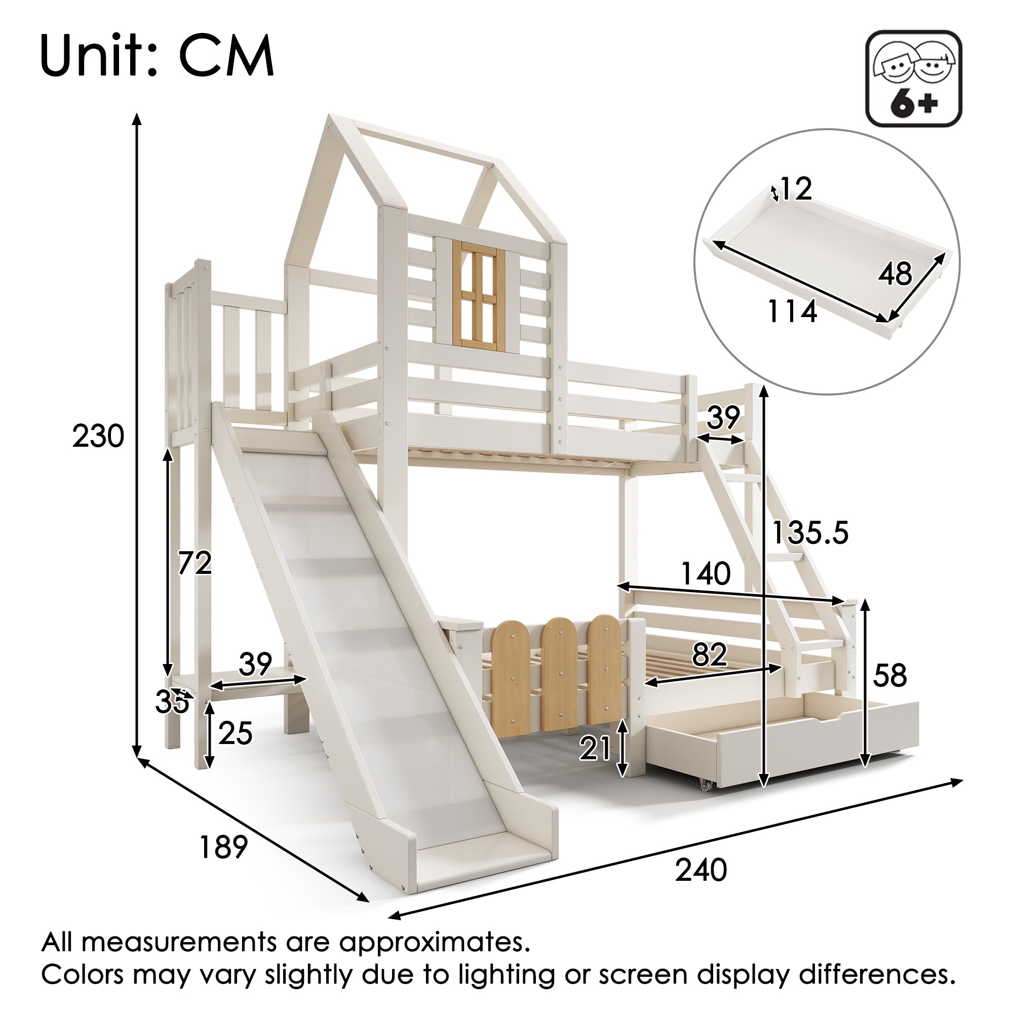 Bunk Beds for Kids, Cabin Tree-house Bed with Ladder and Slide, Twin Sleeper (90+135) x 190 cm, Solid Wood, White