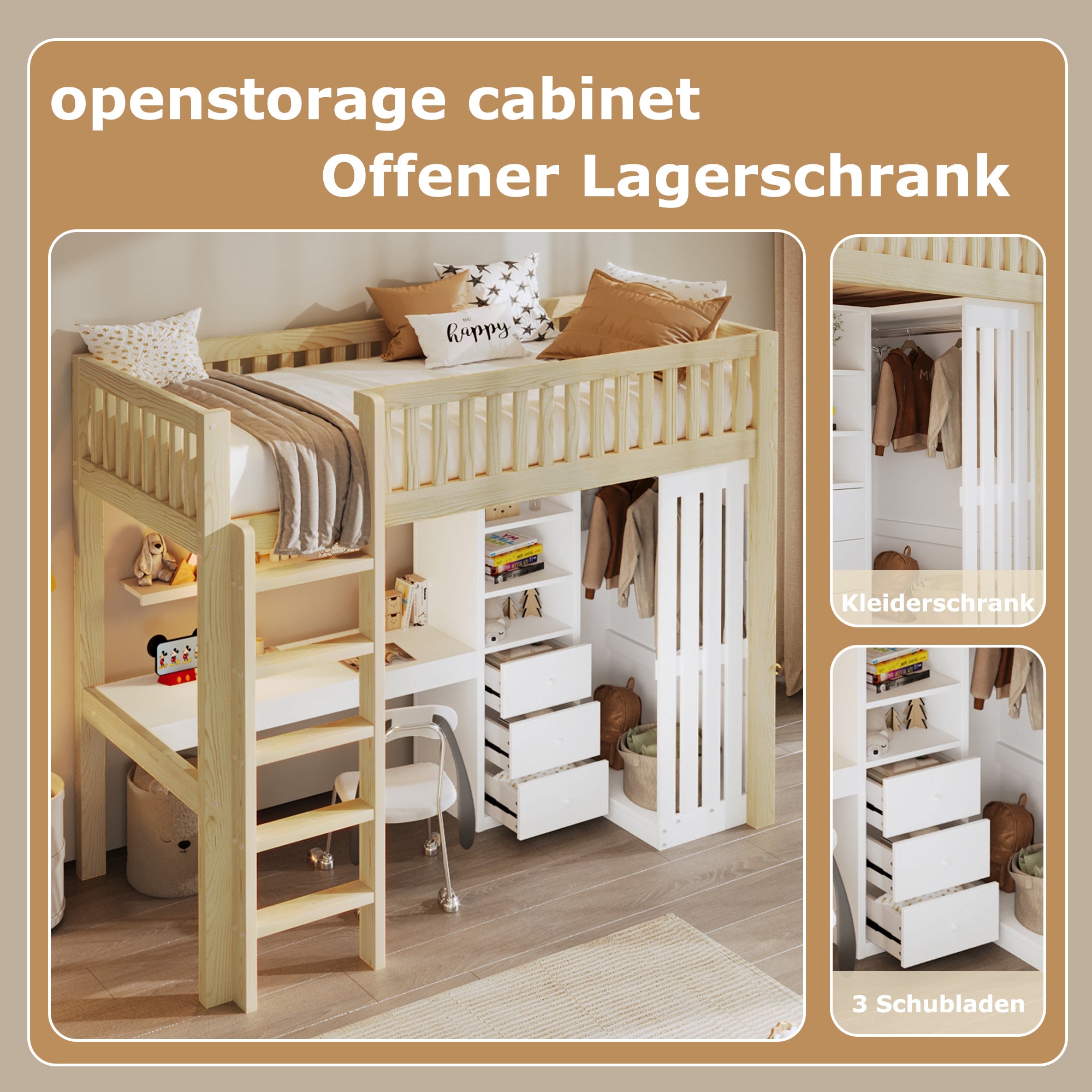 Loft Bed with Desk, Wardrobe and 3 Drawers, Natural