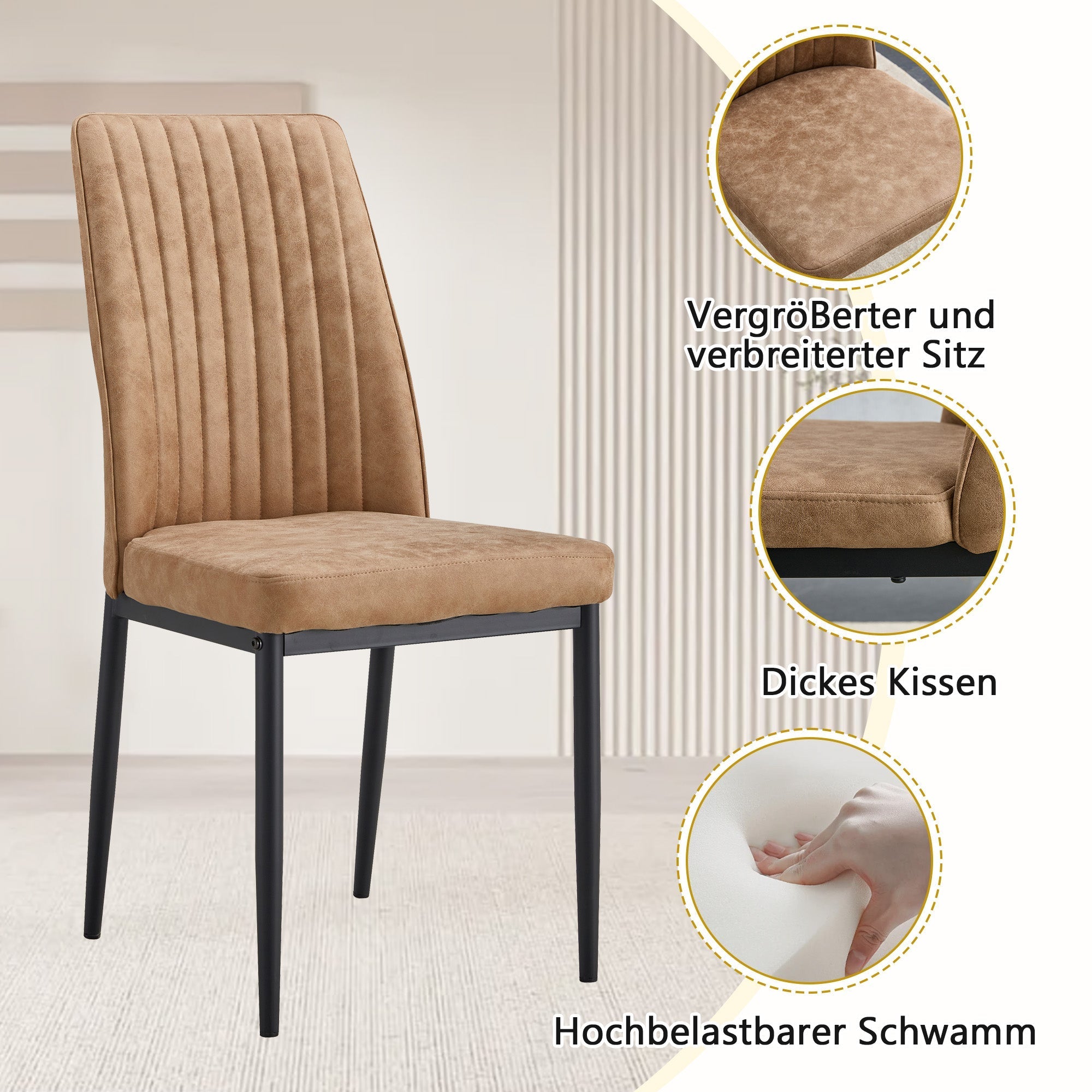 Dining Set Minimalist Glass Table Ø85cm 4 High-Tech Fabric Chairs - Brown