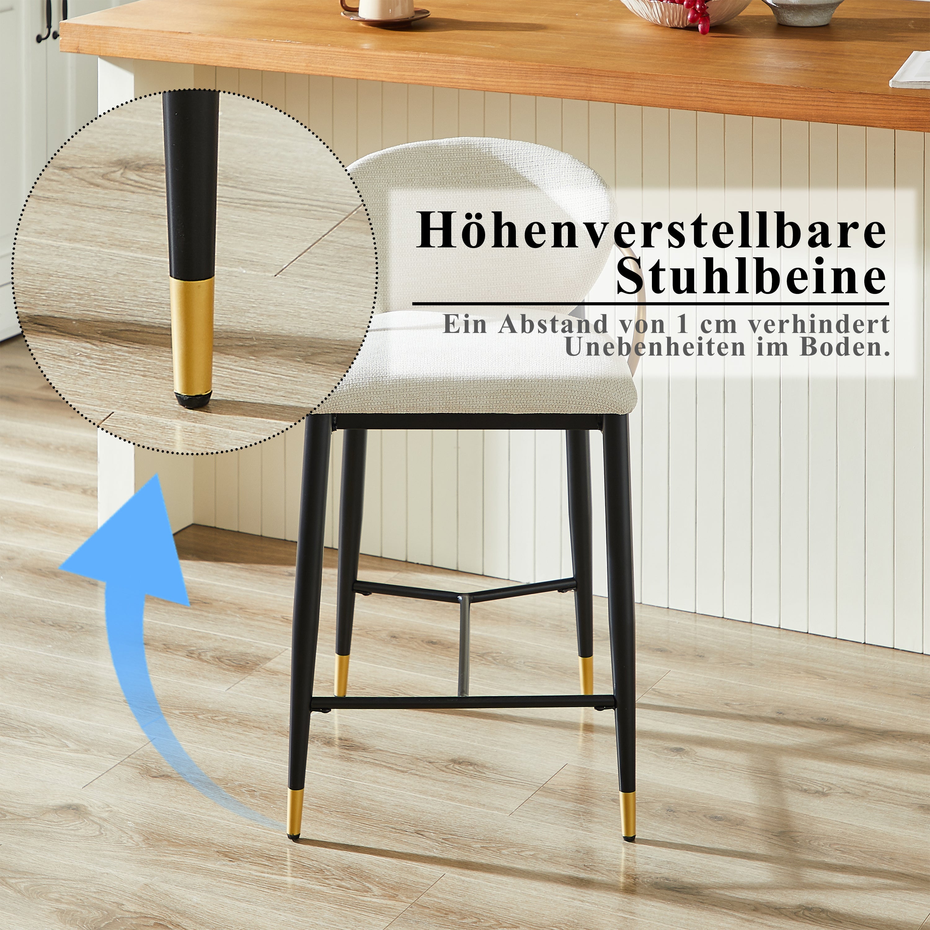 Height-adjustable Bar Stool Set of 2 with Backrest and Footrest, Beige Chenille