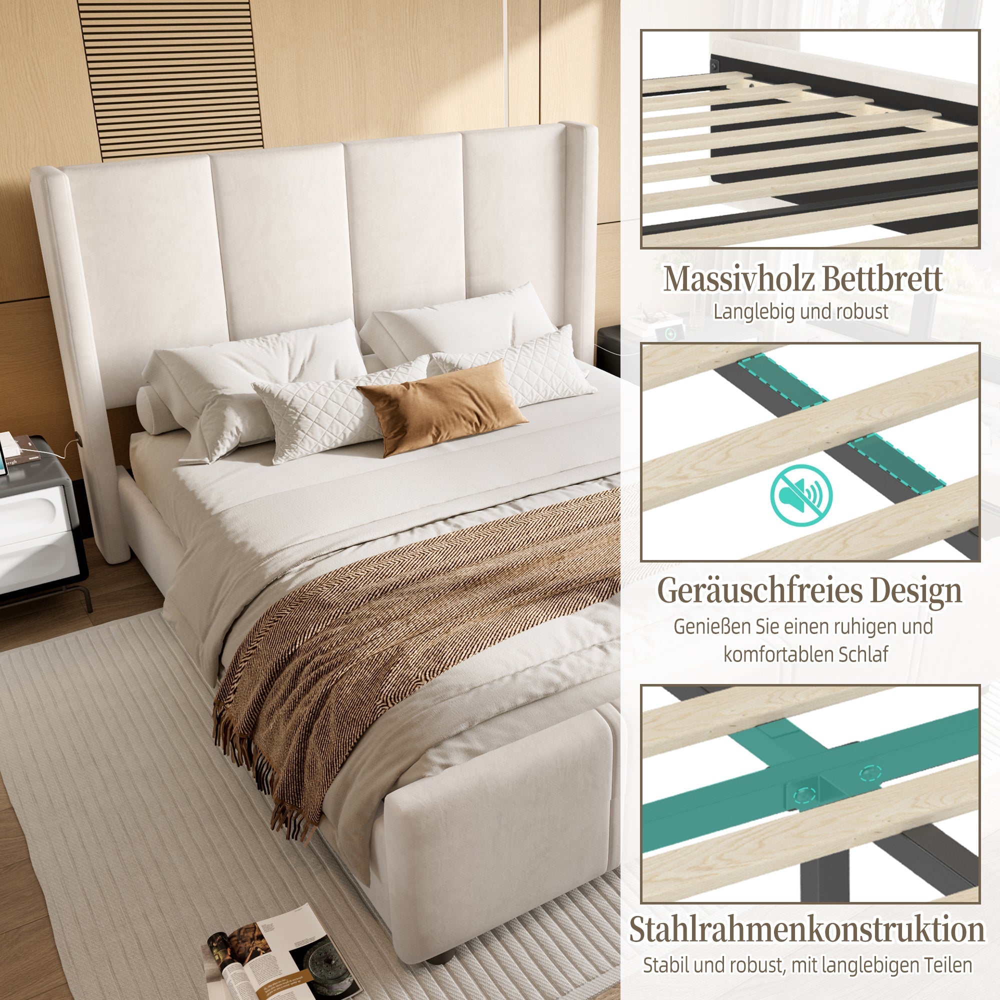 Upholstered Bed Frame, Modern High Headboard & Footboard, USB Port, Iron & Wood, Beige