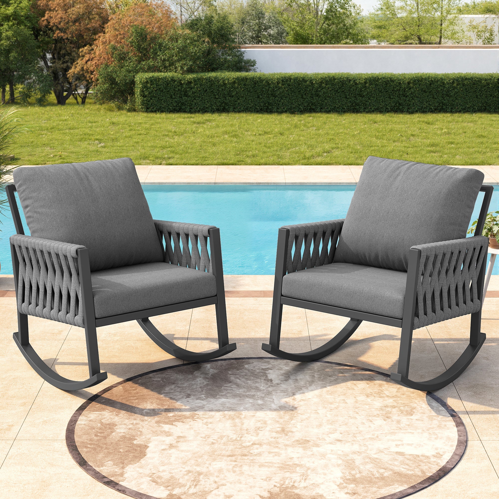 Outdoor Rocking Chair with Cross-Rope Weaving and Weatherproof Metal Frame, Metal and Rope