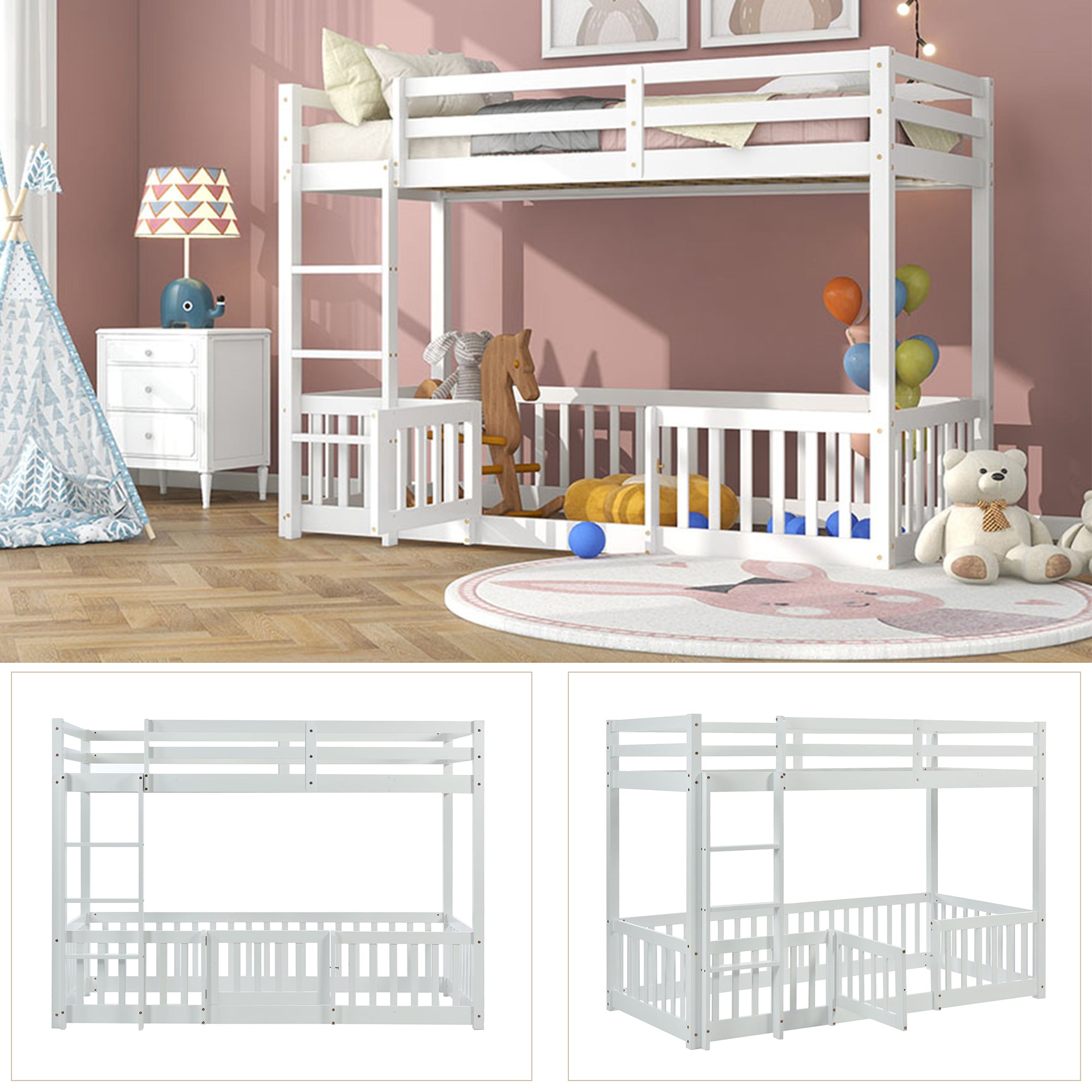 3FT Bunk Bed, Fences and Door with Fall Protection & Railings, Solid Wood, White