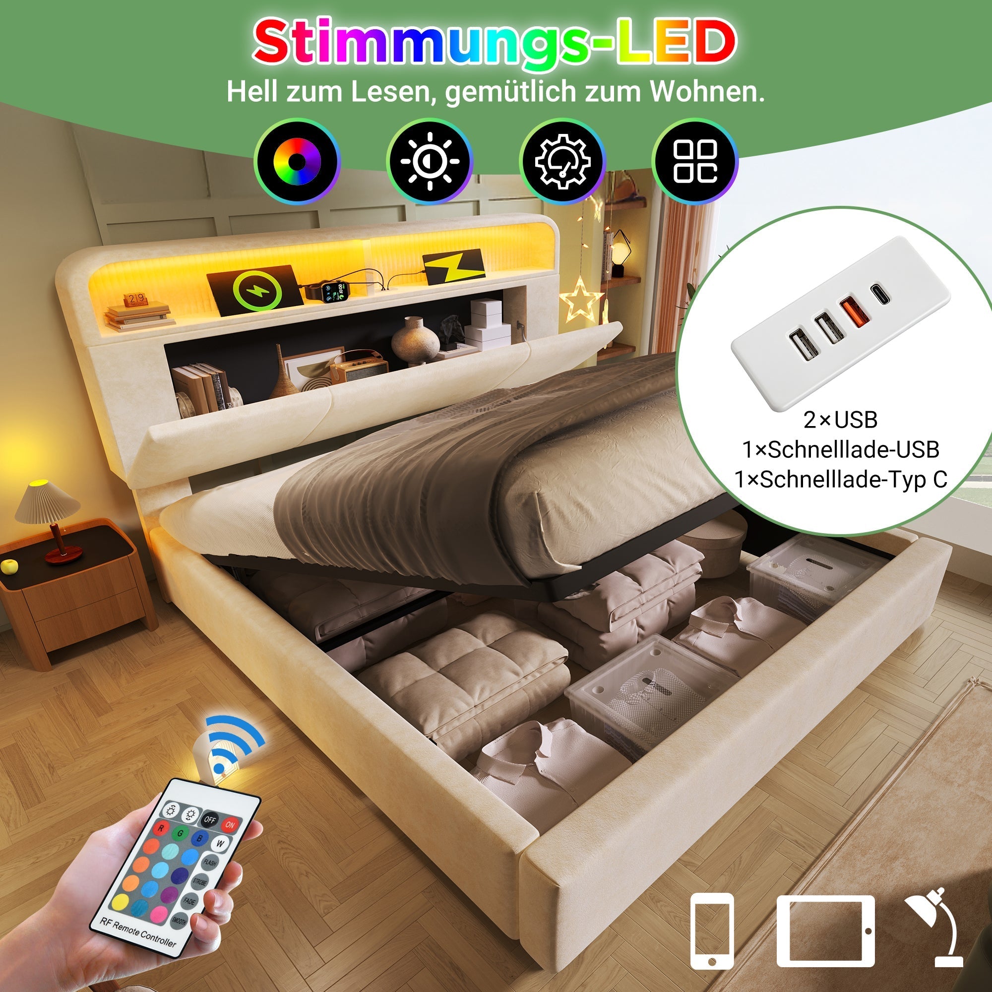 Upholstered Double Bed 140x200cm Hydraulic Storage Headboard LED USB/Type-C Velvet Beige