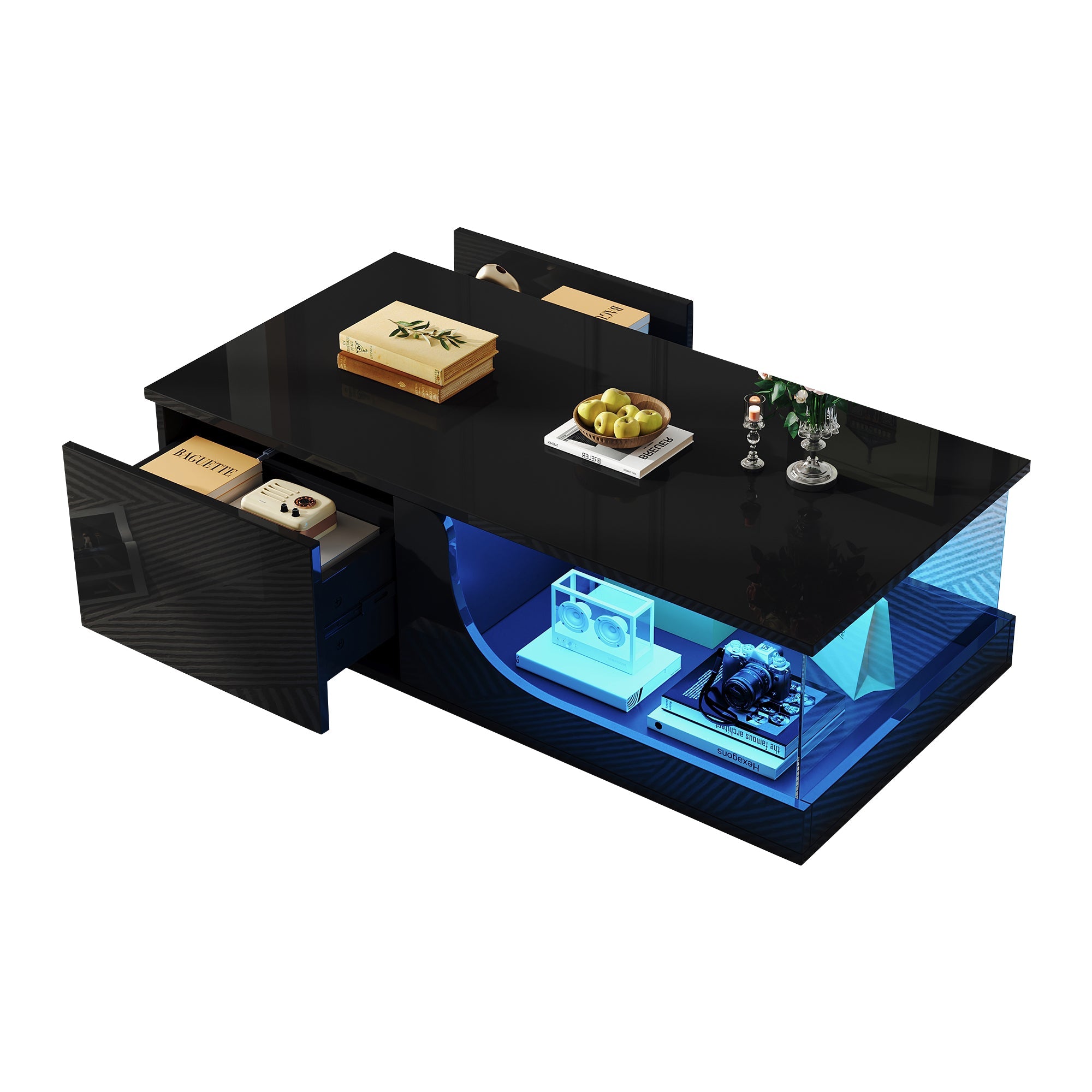 Coffee Table, 100x50x30cm, 2-Drawer High-Gloss with LED, Tempered Glass, Black
