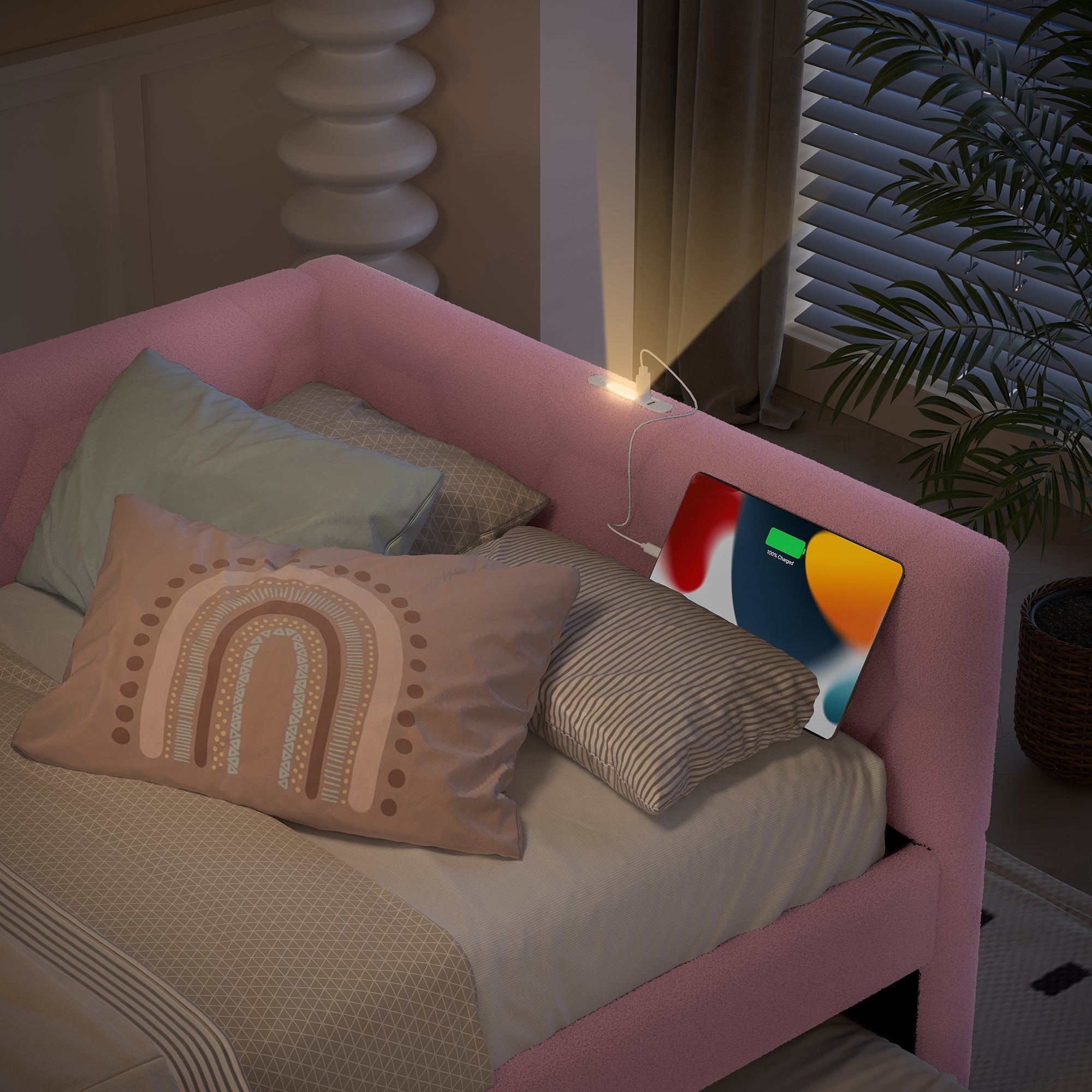 Daybed Sofa Bed 90x200cm Pull-Out Bed Bedside Lamp USB/Type-C Pink Fleece Imitation