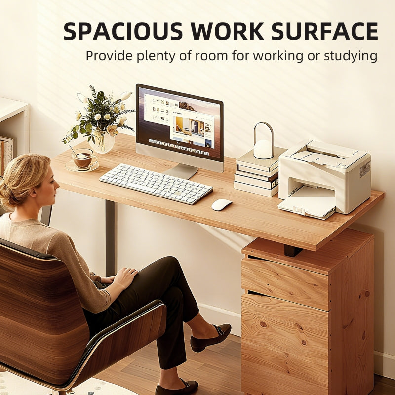 Computer Desk with Cabinet Drawer Metal Legs, Natural Wood Finish