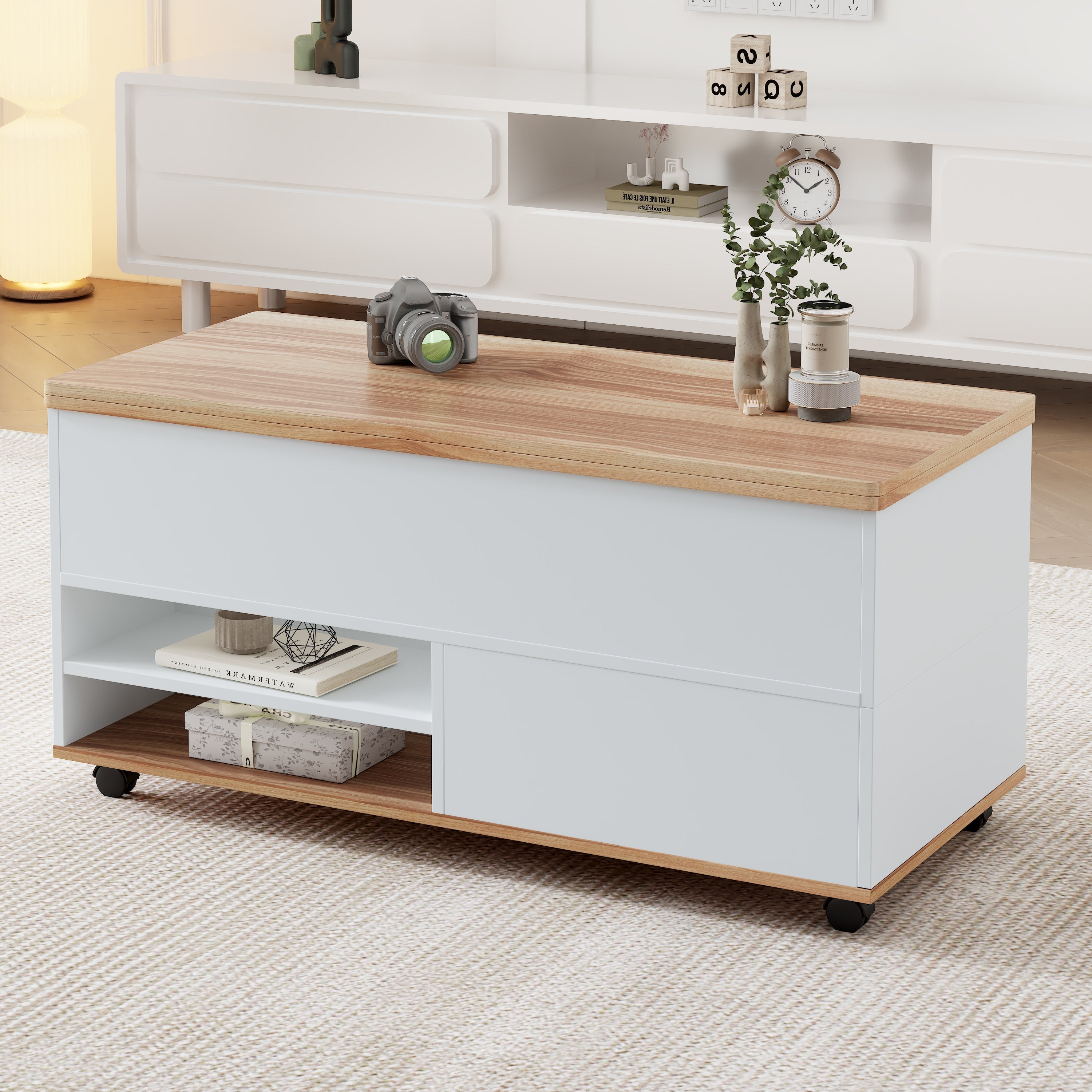 Coffee Table, Height-Adjustable with Hidden Storage and Wheels, White + Natural Wood