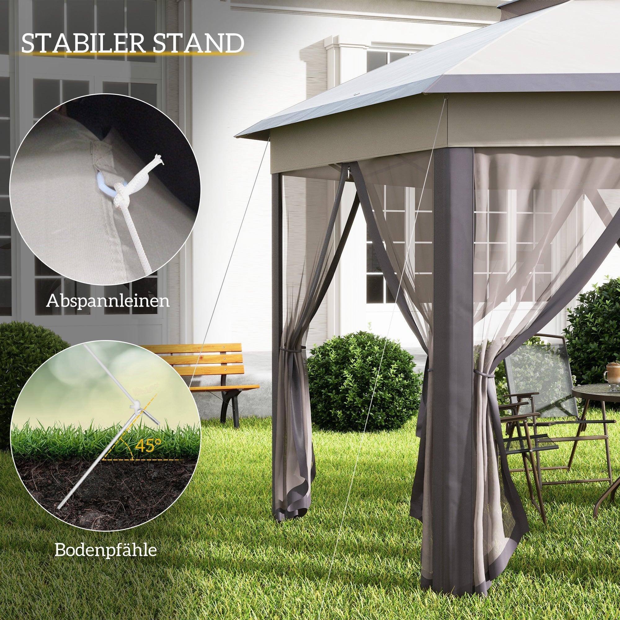 Garden Pavilion Folding Pop-Up Tent 4x4m 6 Side Panels Double Hexagonal Roof, Coffee/Beige